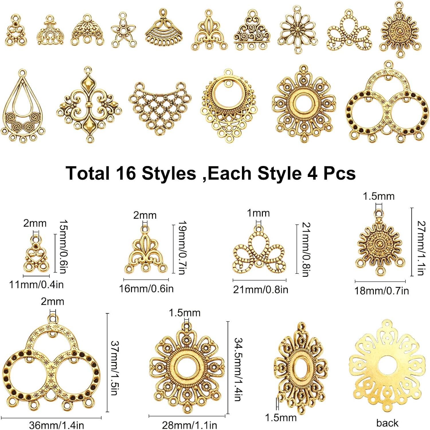 SUNNYCLUE 1 Box 64Pcs Earring Connectors Charms Filigree Components Links Chandelier Charms Flower Linking Charms Loops Jewelry Making Kit for Vintage Christmas Hoop Earrings Crafts Golden 15~37mm - Image 2