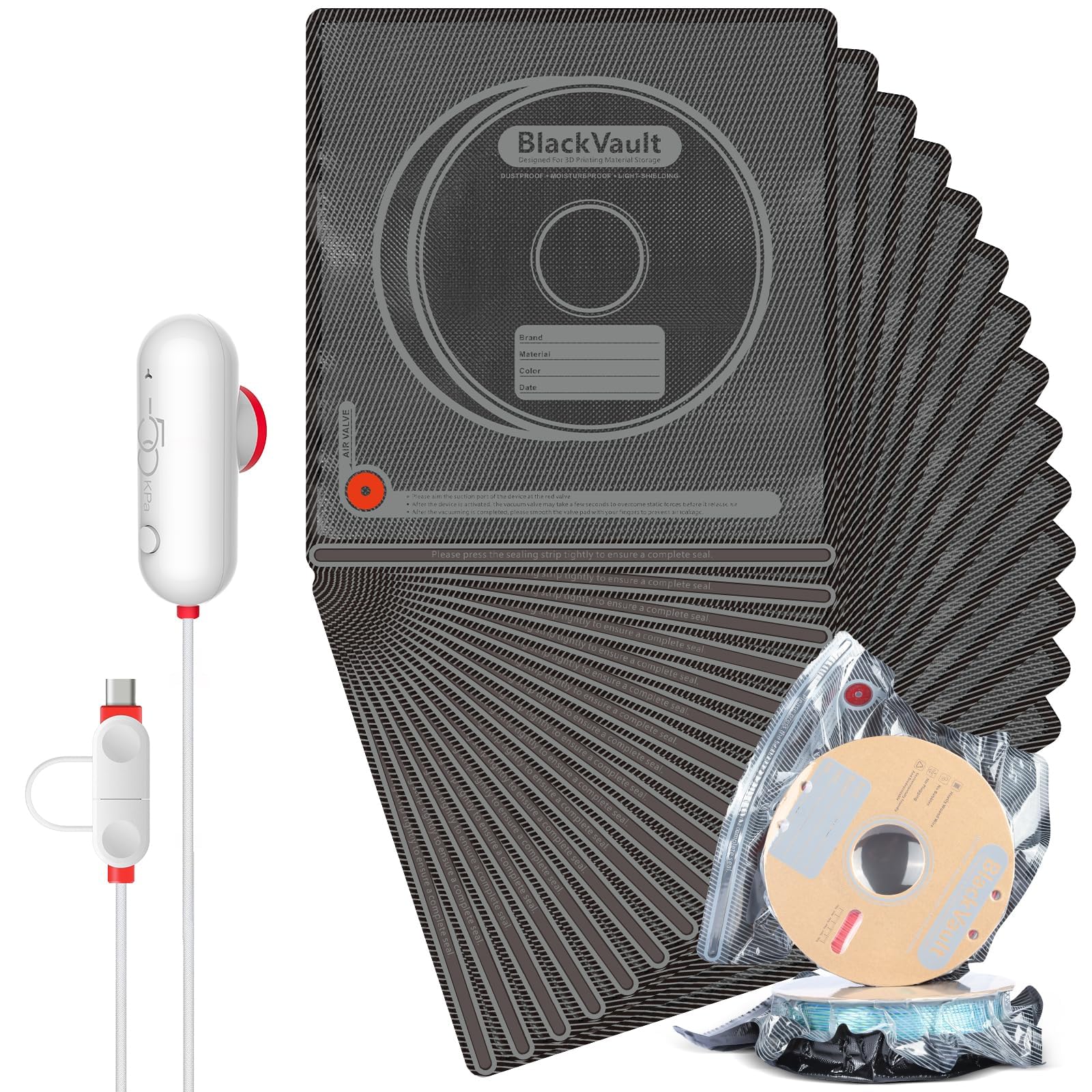 Vacbird 3D Filament Aufbewahrung Vakuum Kit, 30er Schwarz Vakuumbeutel mit USB-Pumpe(30 * 34cm), Vacuum Storage Schutz Filament von Feuchtigkeit