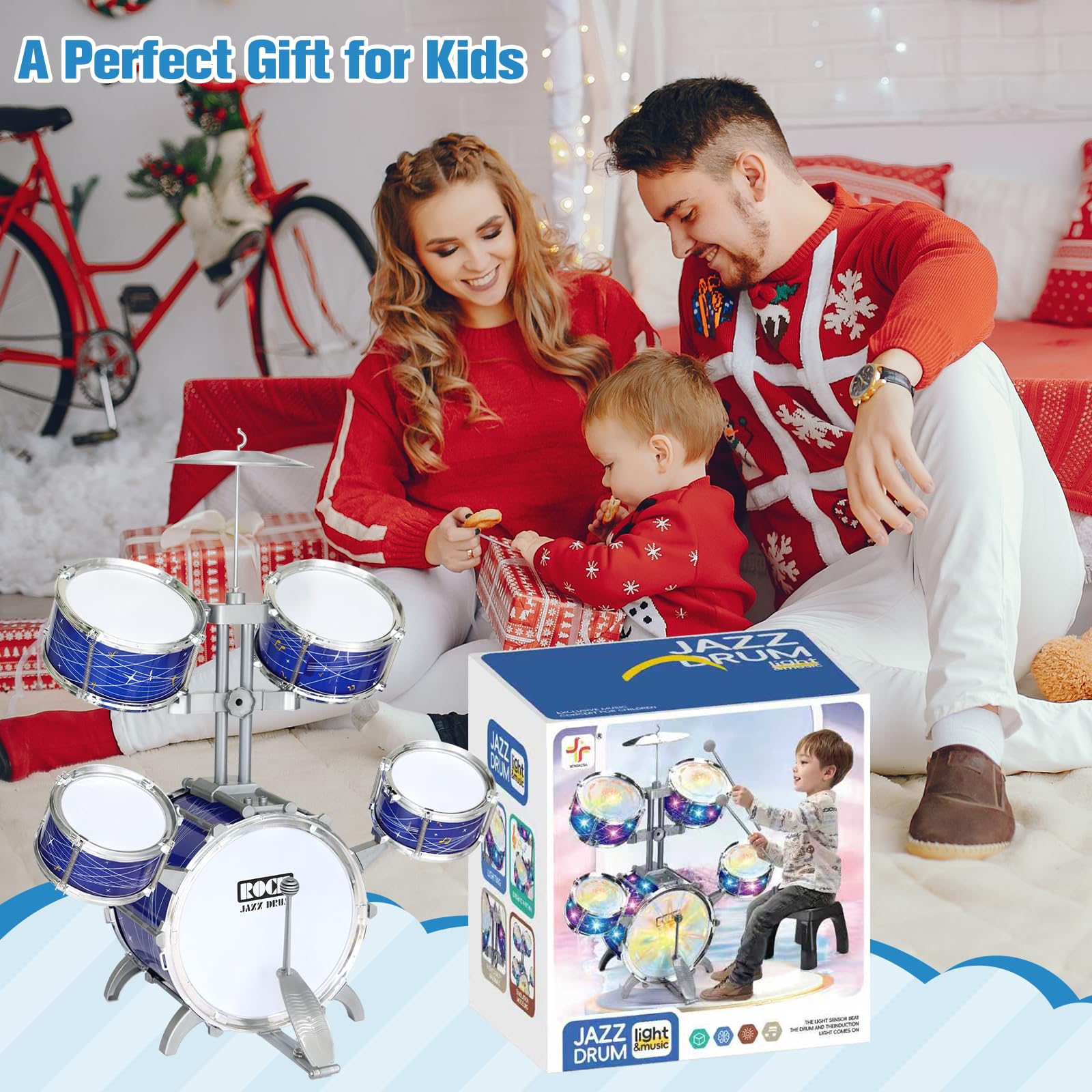 Set di batteria per bambini da 1 a 3 anni, kit di batteria jazz migliorato da 5 pezzi con sgabello, pedale per basso e piatto, strumento musicale a percussione per principianti, giocattolo regalo
