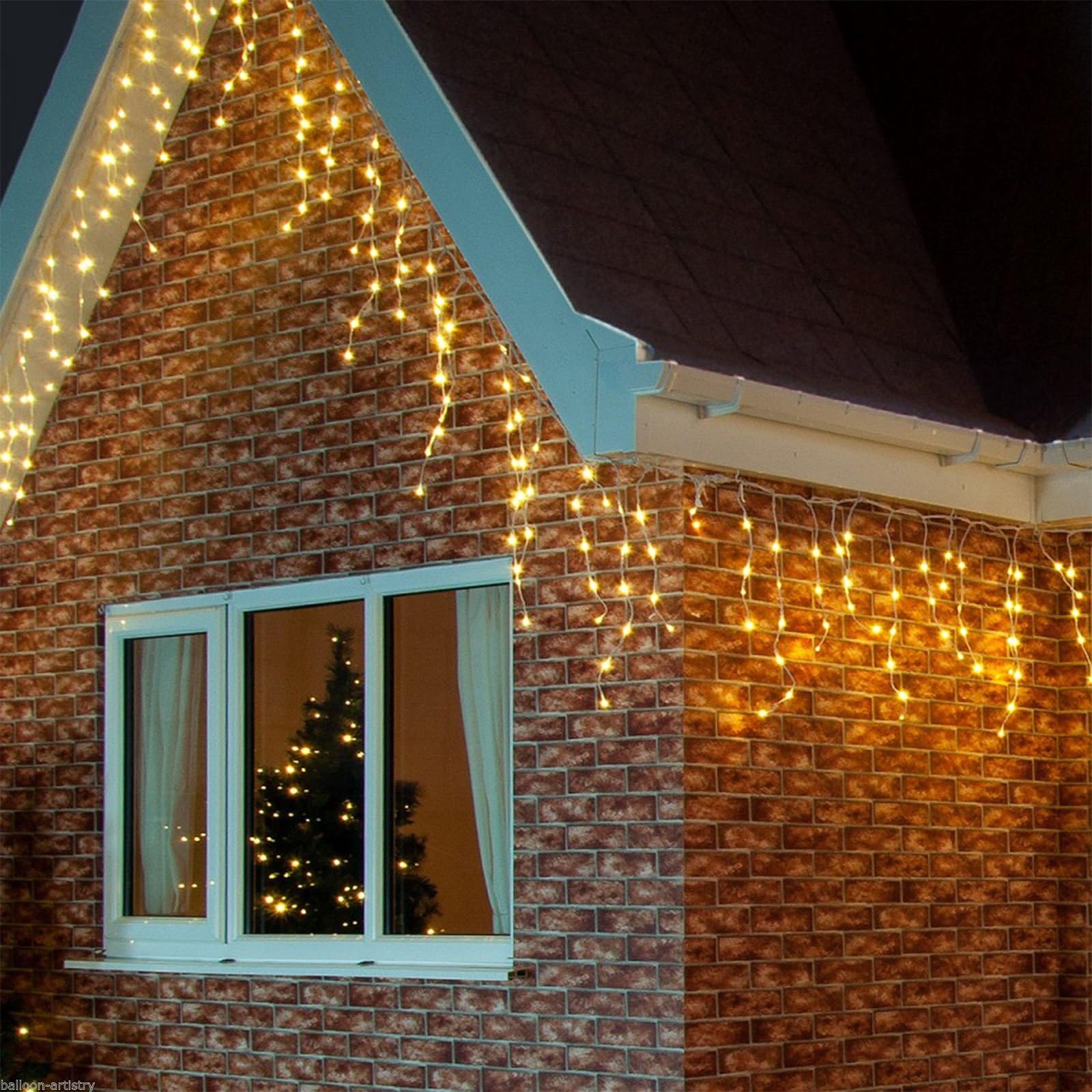 Outdoor Warm White Icicle Christmas Fairy Lights, 400 LED 10 Metres Lit Width, 80 Icicles, 8 Hour Timer, 8 Modes, Safe Voltage