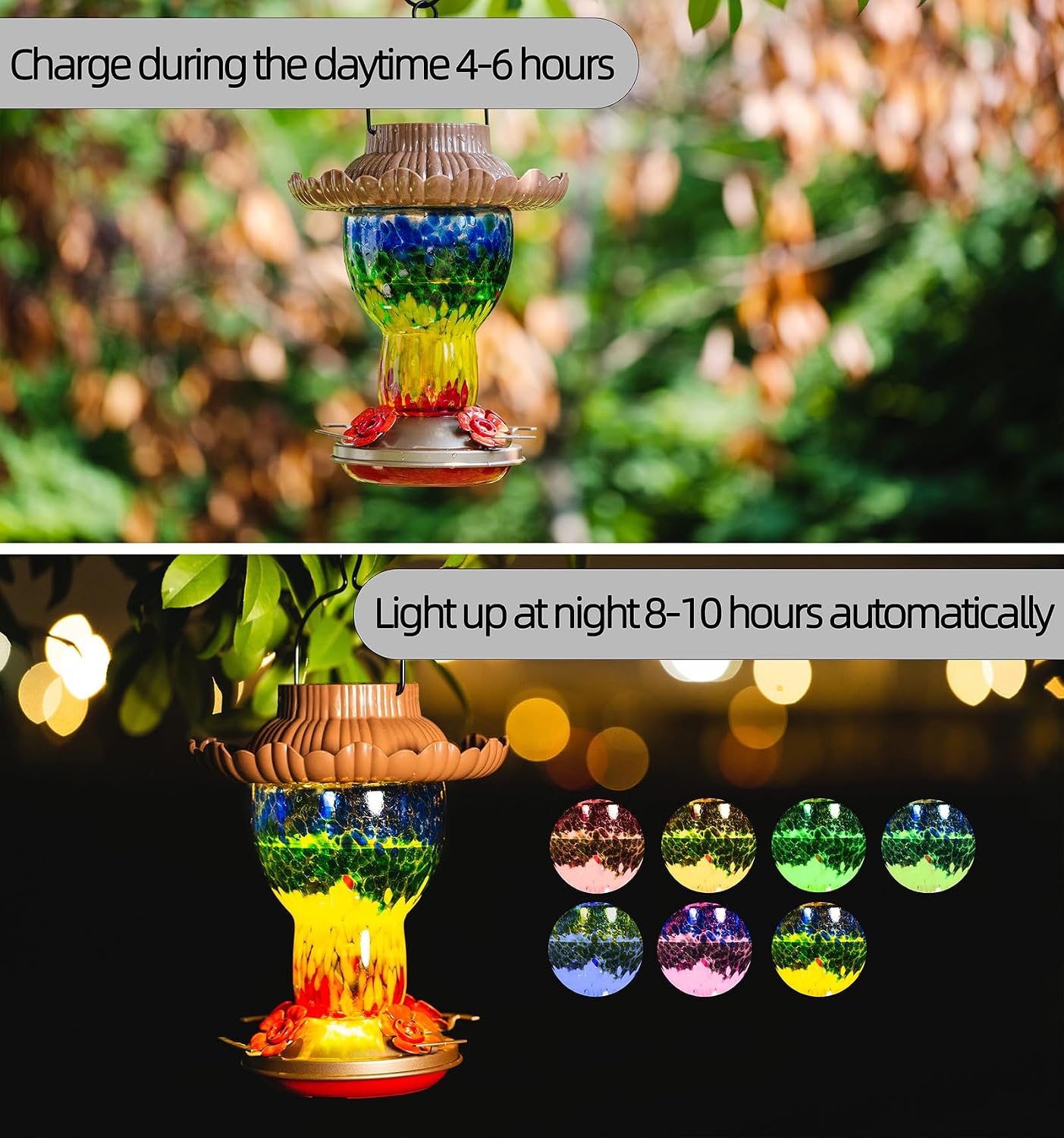 Solar Hummingbird Feeder for Outdoors Hanging Ant and Bee Proof, 25oz Color Changing Light Hand Blown Glass, Leakproof Garden Decor, Gitfs for Bird Lover (Rainbow)