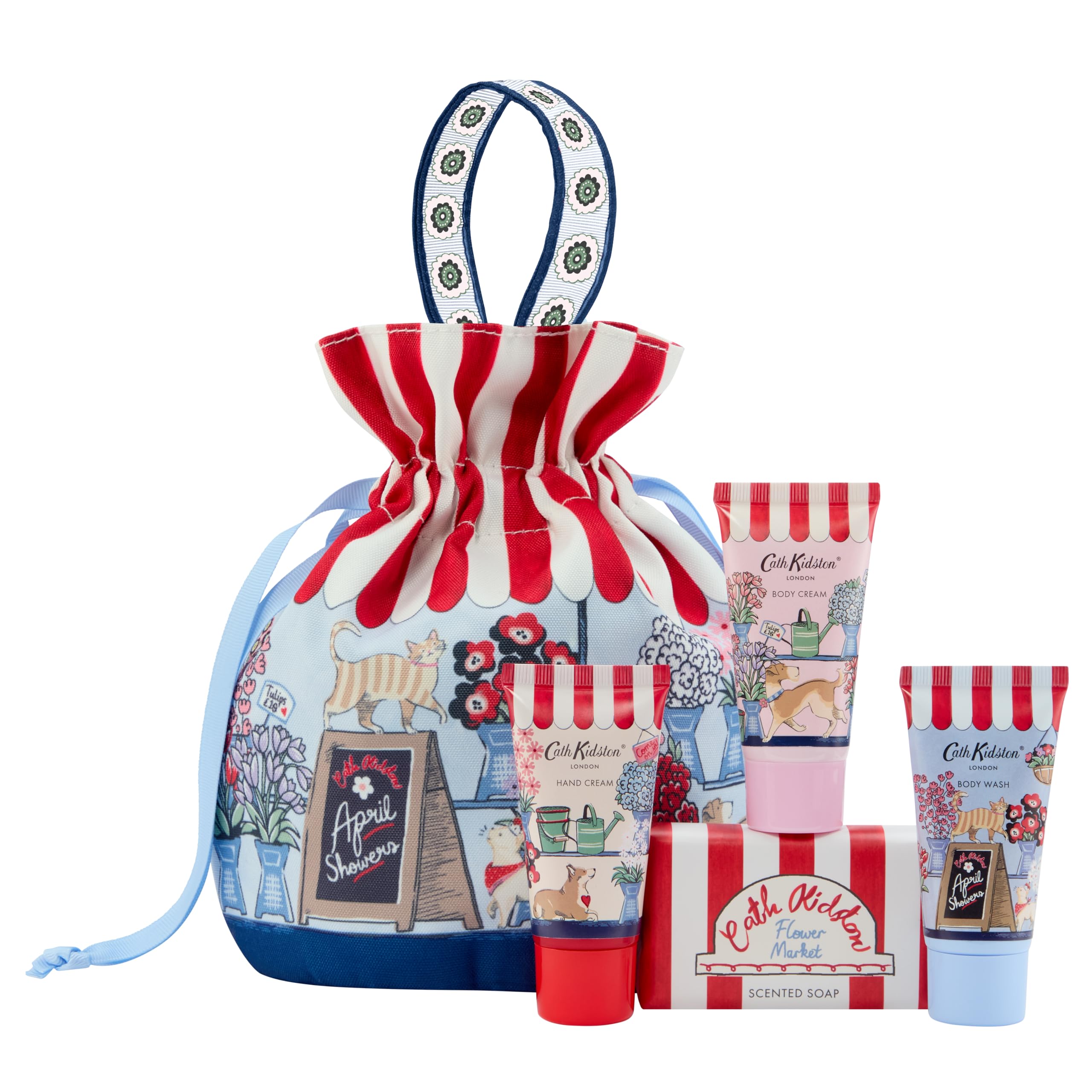 Cath Kidston Hand Cream, Body Cream and Wash 3x 30ml, Guest Soap 100g, Travel Washbag, For Beauty Essentials, Moisturiser, Vegan and Cruelty Friendly, Gift For Her, Self-Care