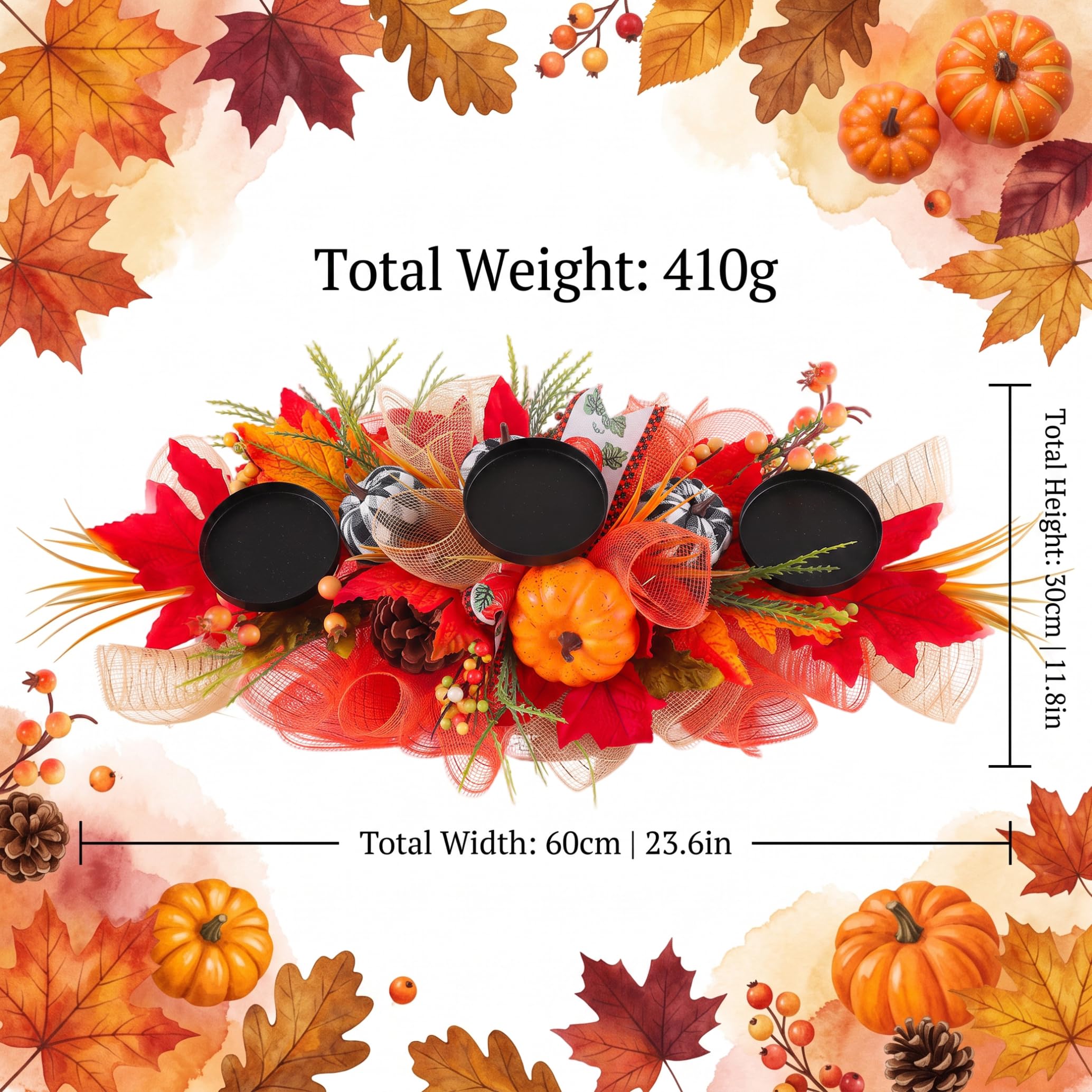 Decorazione da tavola autunnale, portacandele foglia d'acero arancione a 3 candele, 24x12 pollici