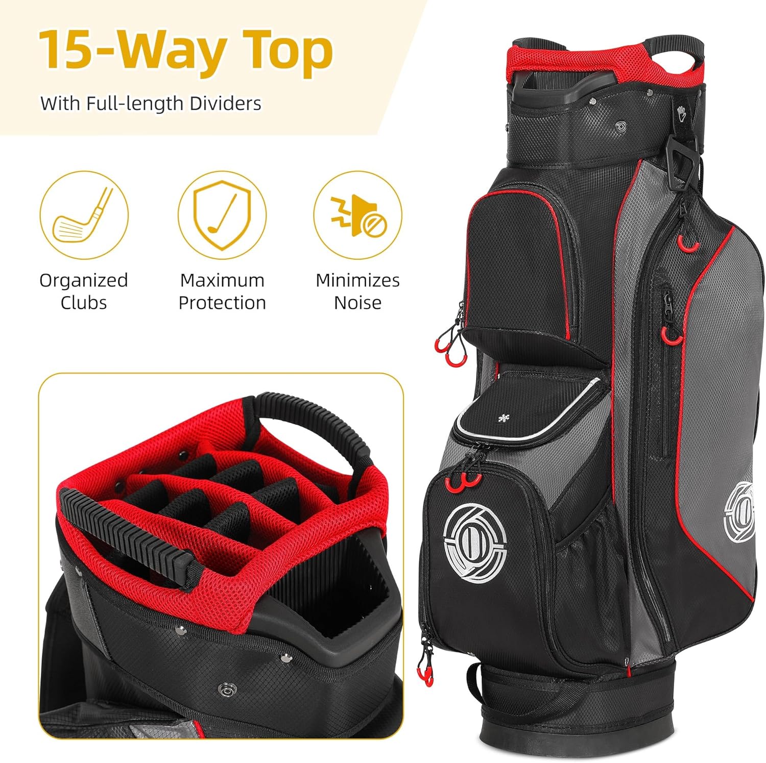 Golf Cart Bag, 15 Way Top Lightweight Golf Bag, Golf Club Cart Bags for Men Women with Full-Length Dividers, Dedicated Putter Well, Rain Cover Black and Red - Image 2