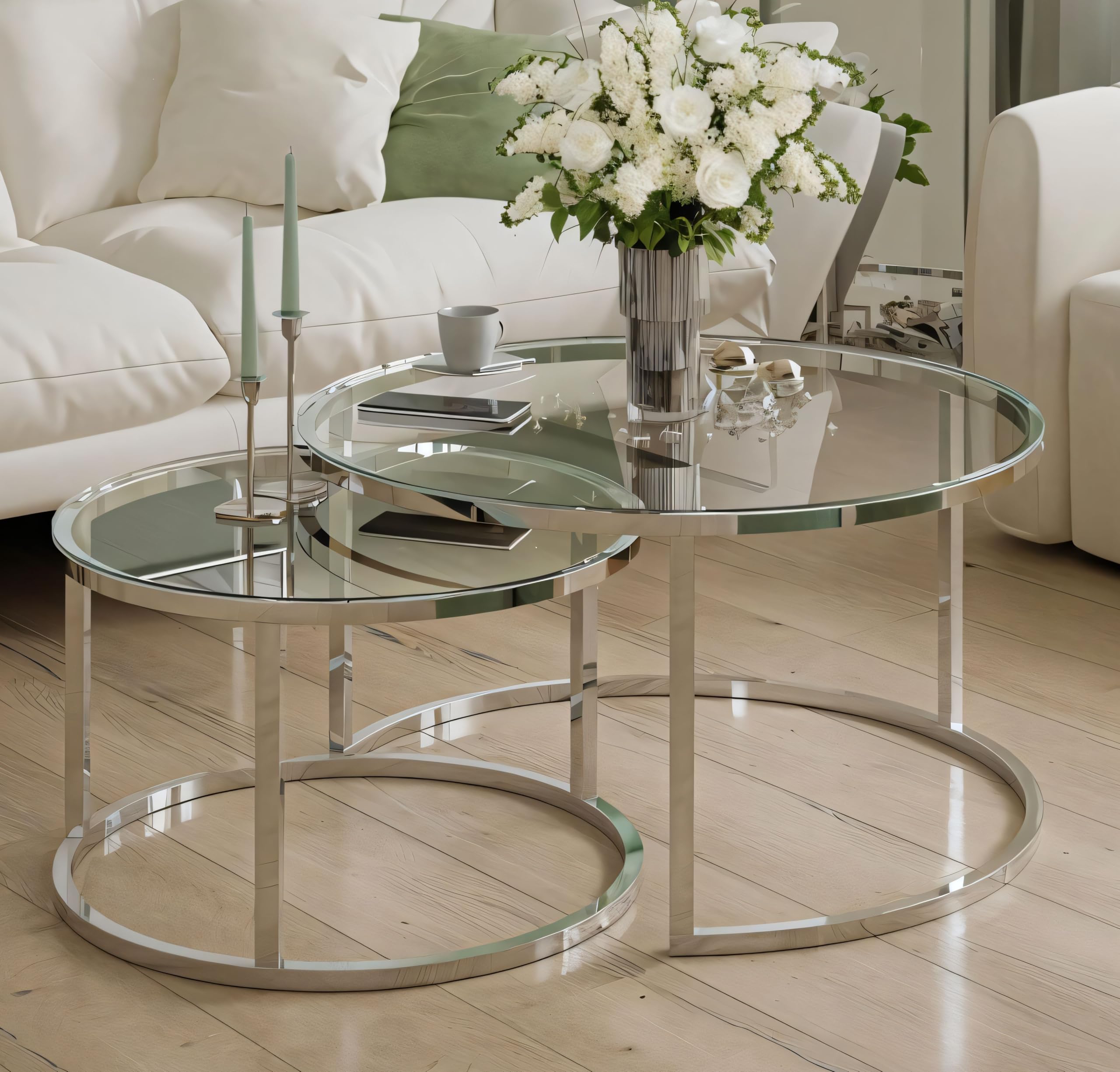 Q&P Furniture Nesting Coffee Table Set of 2 Round Modern Design in Sintered Stone and Tempered Glass Top for Living Room Space Saving Minimal Assembly Nova Collection Silver Tempered Glass — image 1