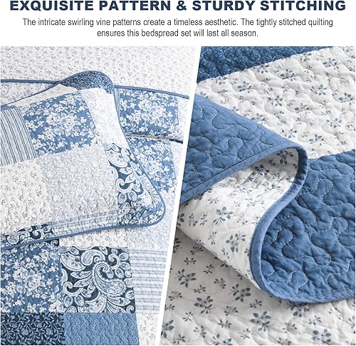 Miniatura 4 de Colcha tamaño King 100% algodón de 120 x 120 pulgadas, juego de edredón de gran tamaño, colcha extragrande de granja, patrón botánico a cuadros y