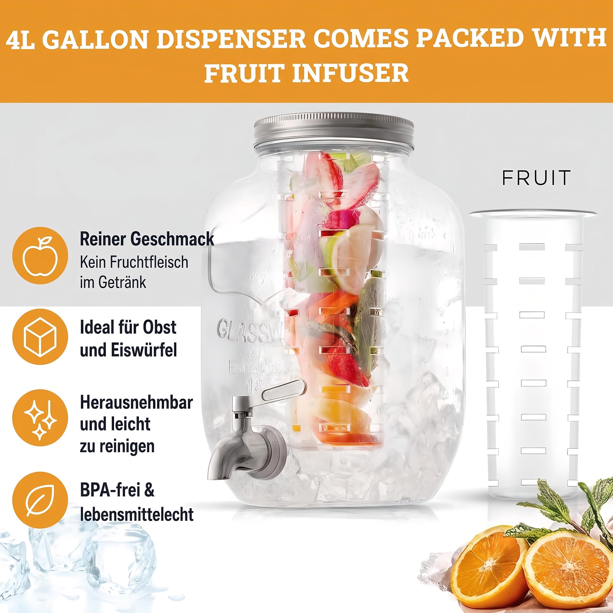 Lot de 2 distributeurs de boissons en verre de 4 L avec support, distributeur de boissons, distributeur de jus d'eau en verre avec robinet pour jus glacés, eau, boissons faites maison, fêtes