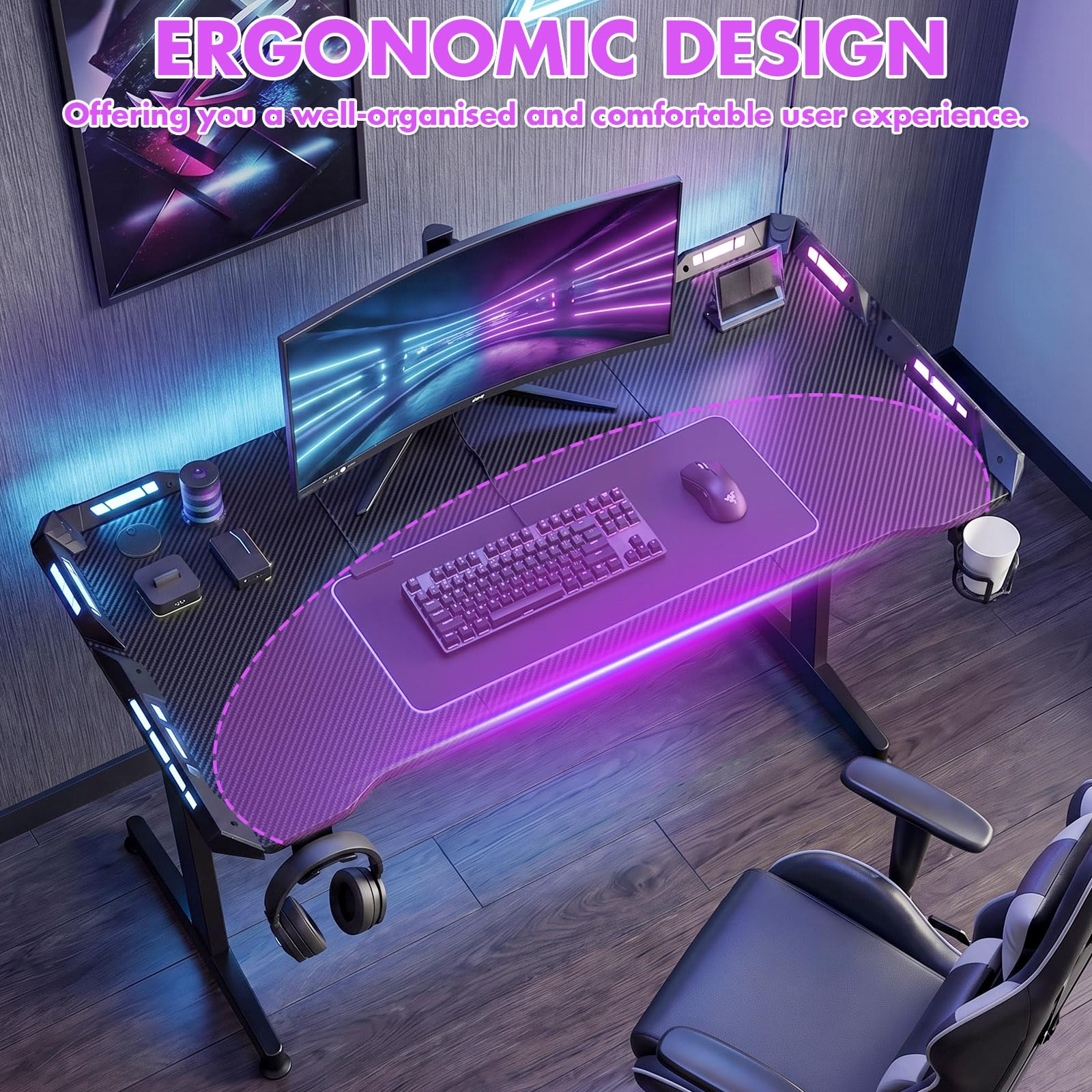 Verdego Gaming Tisch mit LED Beleuchtung, Gaming Schreibtisch 160x60CM | Computertisch Ergonomisch mit Getränkehalter, Kopfhörerhalter, Kohlefaseroberfläche, PC Tisch für Streaming, Schwarz