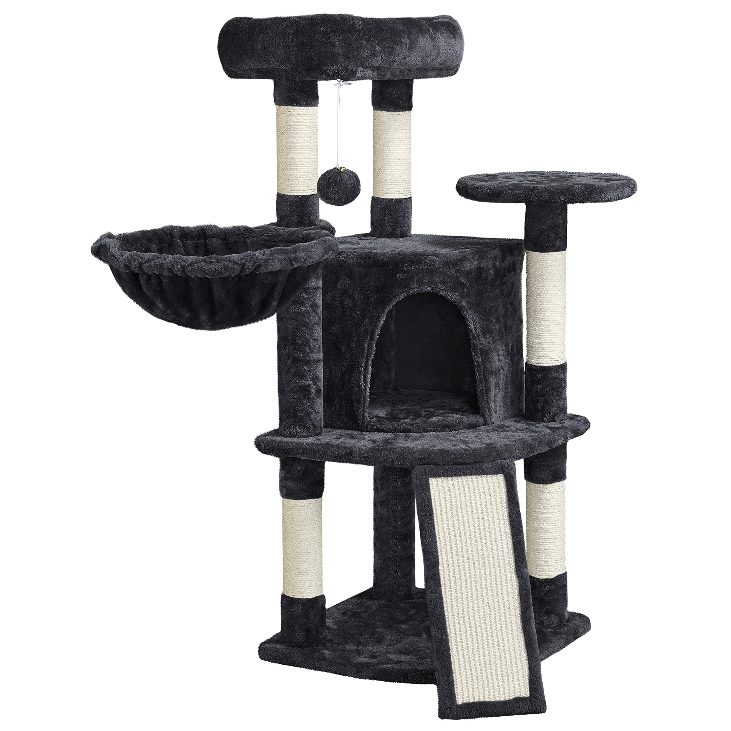 Yaheetech Árbol Rascador para Gatos Altura 106 cm Torre de Gatos Negro | Rampa de sisal, Correa antivuelco, postes cuerda de sisal, Bola colgante sustituible, Condominio grande, cesta acogedora