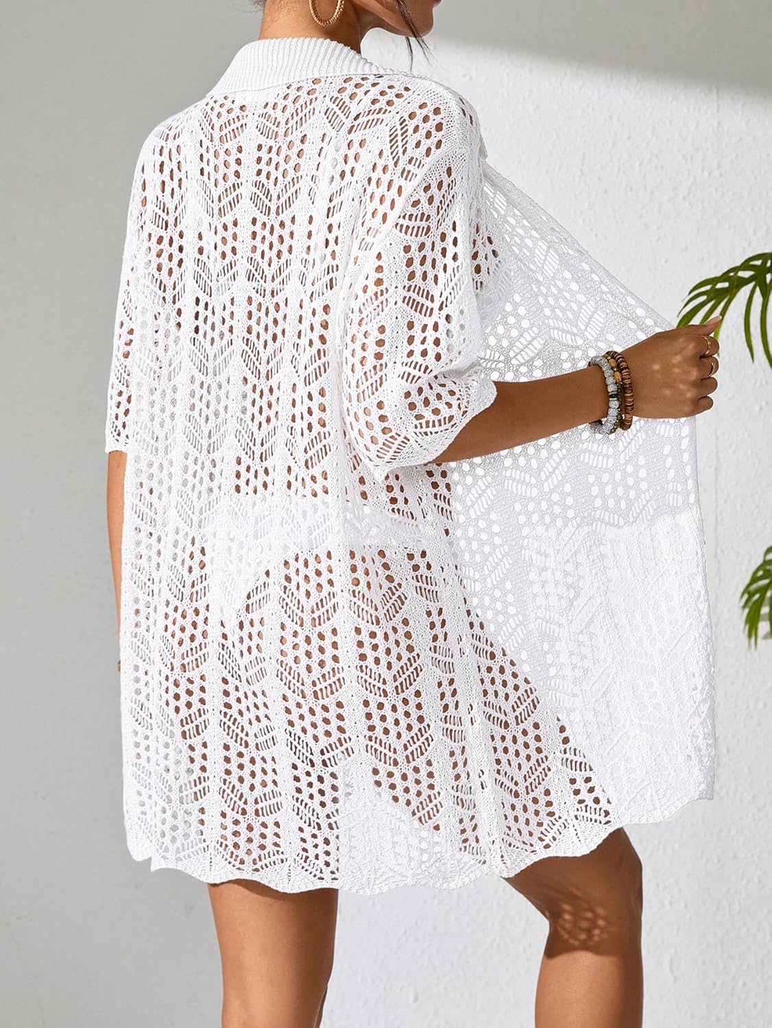 Womens Crochet Knit Polo Collar Swimsuit Coverup Cardigan Summer 2025 Beach Bathing Suit Cover Up Shirt Dress - Image 3