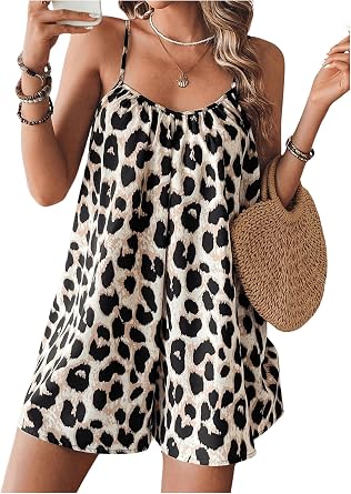 SHENHE Womens Summer Spaghetti Strap Loose Leopard Romper Casual Short Jumpsuit
