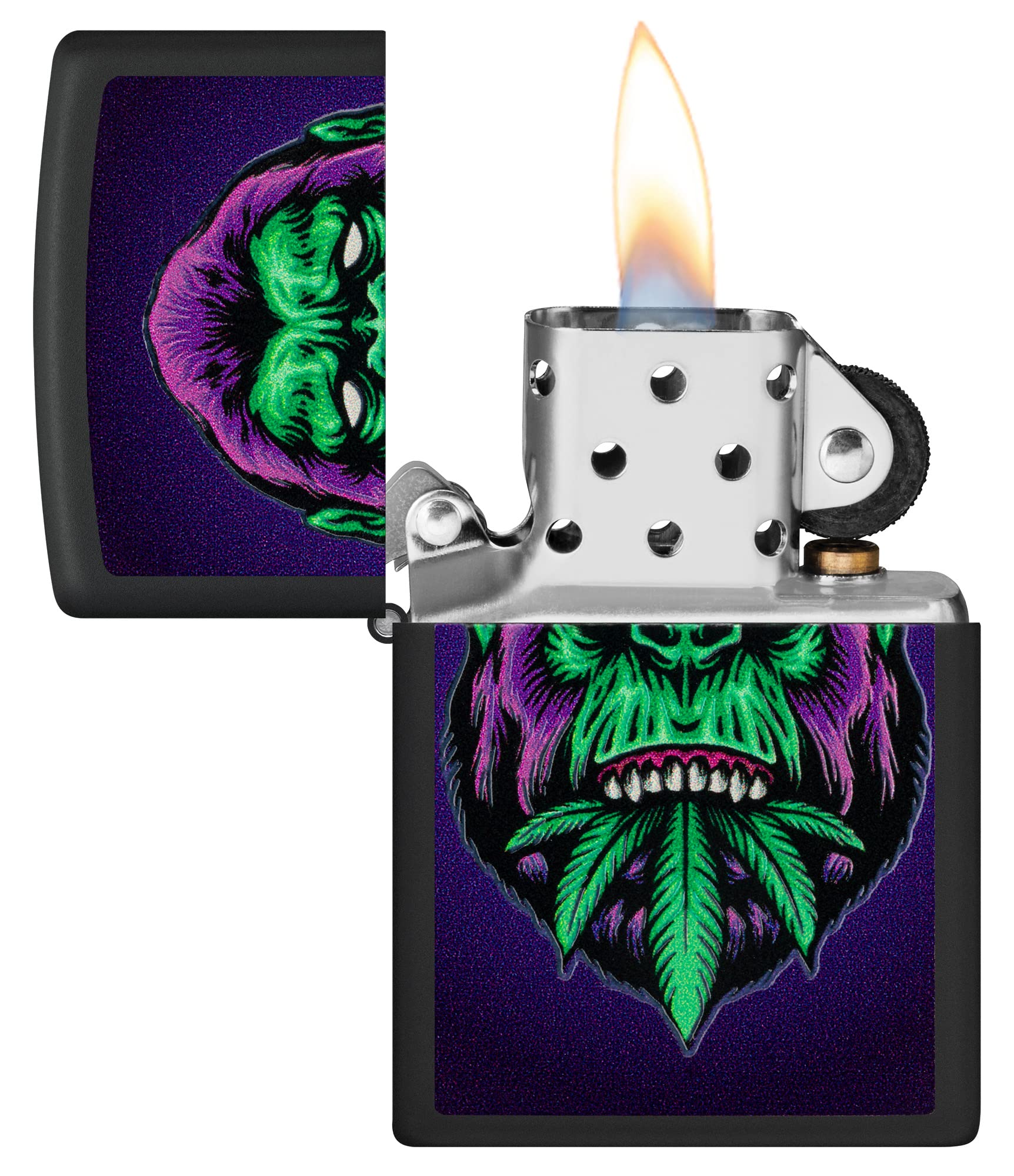 Zippo Encendedor a Prueba de Viento Recargable - Cannabis Gorilla Acabado Negro Mate Efecto Luz Negra
