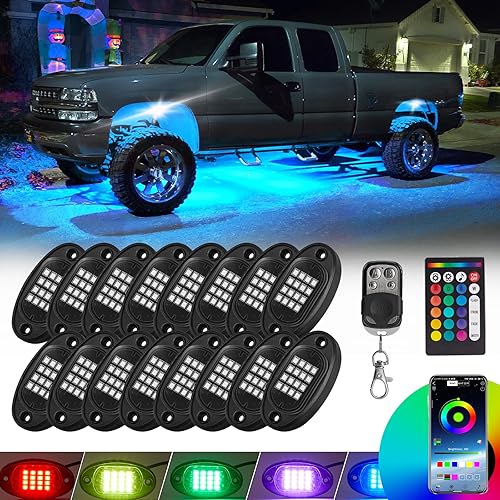Miniatura 12 de 10 cápsulas de luz RGB para camión, multicolor, neón, luces de roca RGB impermeables con control de aplicación/RF para automóvil, Jeep, todoterreno