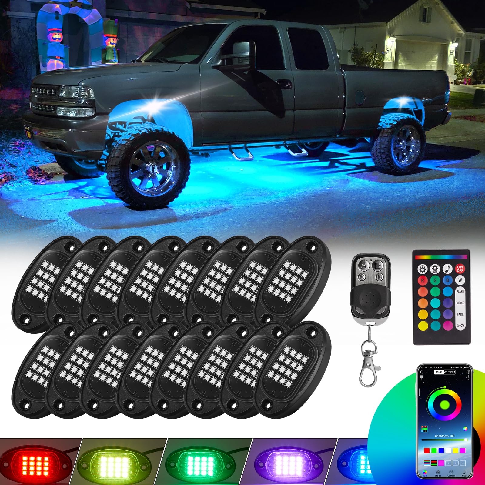 RGB LED Rock Lights Kit, 16 Pods Rock Lights for Truck Pickup Golf Cart Offroad RV UTV SUV, Waterproof Multicolor Underglow Kit for Truck with APP Remote Control Music Neon Vehicle Underbody Light 12V