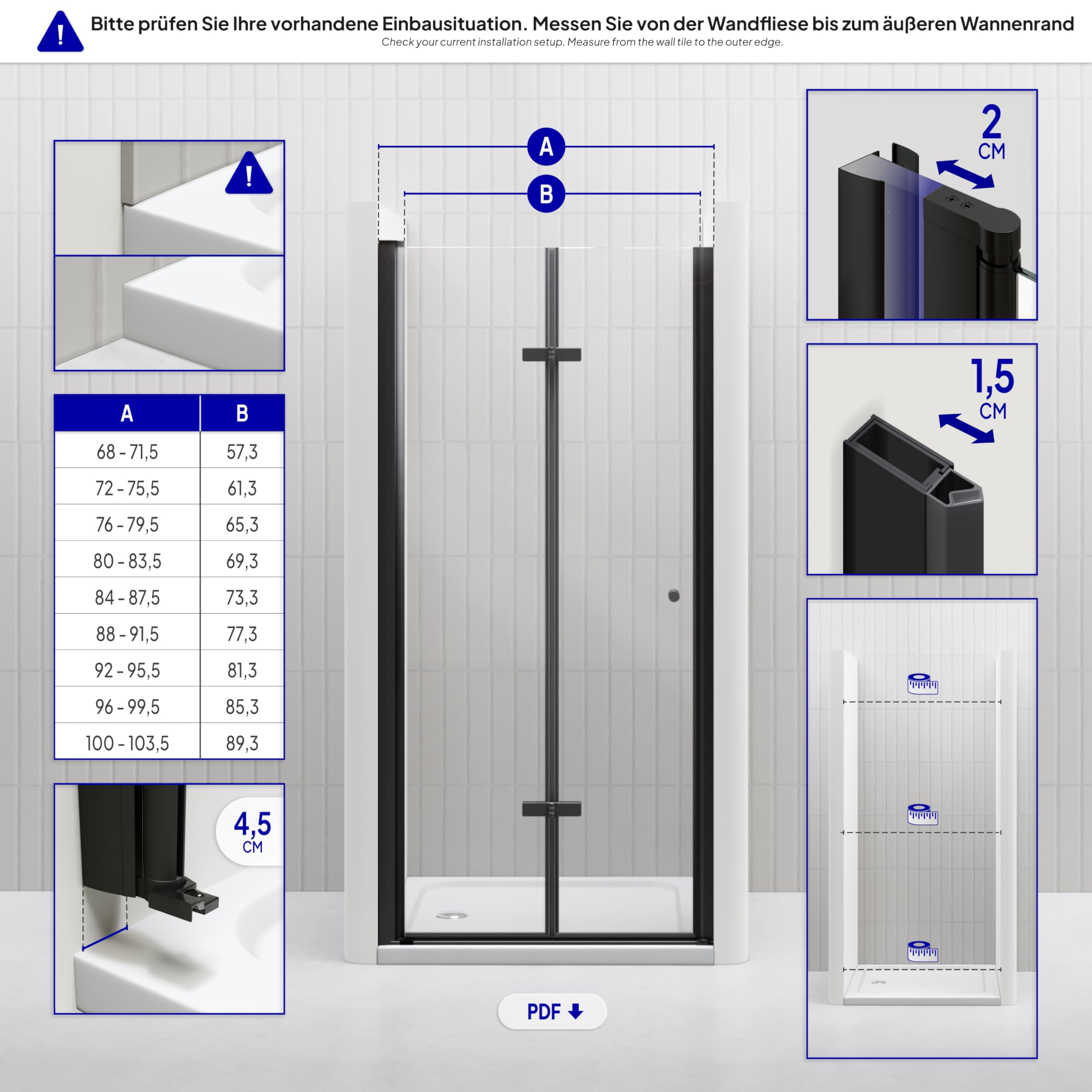 i-flair Mila Duschtür 80x195 cm – Nischentür aus Klarglas, Falttür mit schwarzen Aluminiumprofilen, 6 mm ESG Sicherheitsglas, Nano, Hebe-Senkmechanismus, Verstellbereich 80–83,5 cm, DK822