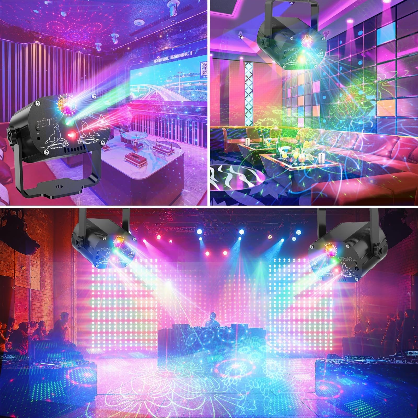 Lampe de Scène, 60 effets lumineux Lumière Disco avec Stroboscope et télécommande, Boule Disco Grand Angle Contrôle de la Musique, Divers Effets RGBW Lumiere Soirée USB Halloween, Fête, Noël