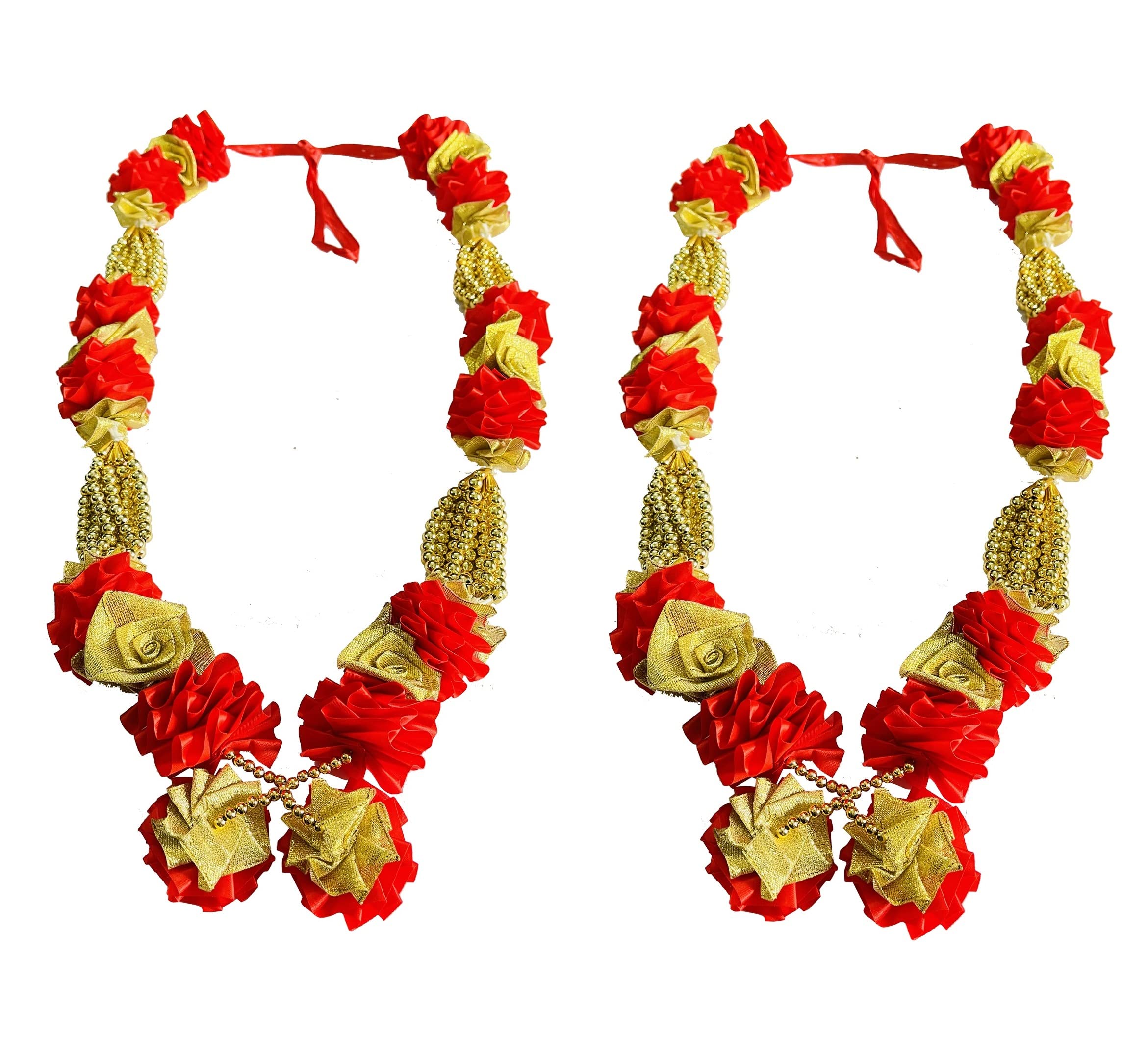 Krisah Beads & Cloth Red Golden 28.5 inch/ 72 cm Jai Mala/ Photo Mala Pack of 2