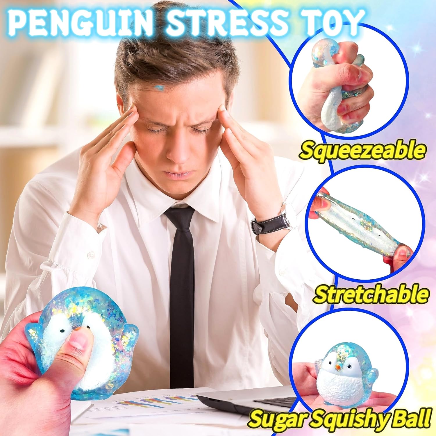 1Pcs Blue Penguin Sugar Stress Ball Squishy Toys for Kids Adults- Soft Cute Animals Squeeze Sensory Toy Anxiety & Stress Relief Squishy Penguin Sugar Ball for Birthday Classroom Prizes