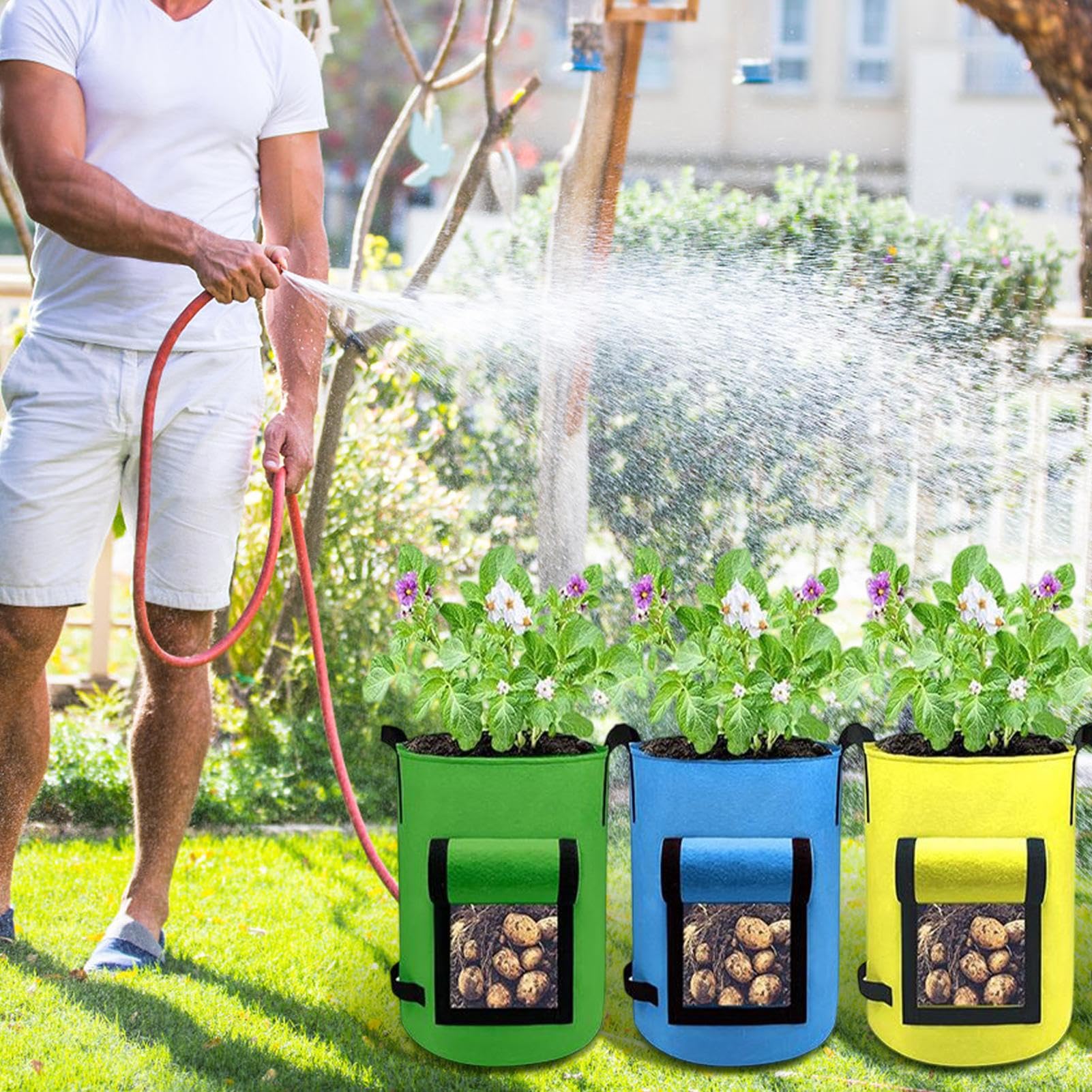Bolsas De Cultivo Para Patata Macetas de Tela para Siembra de Verduras | 4 Contenedores De Tela Con Asa Bolsas de Plantación para Patatas, Tomates, Cebollas,