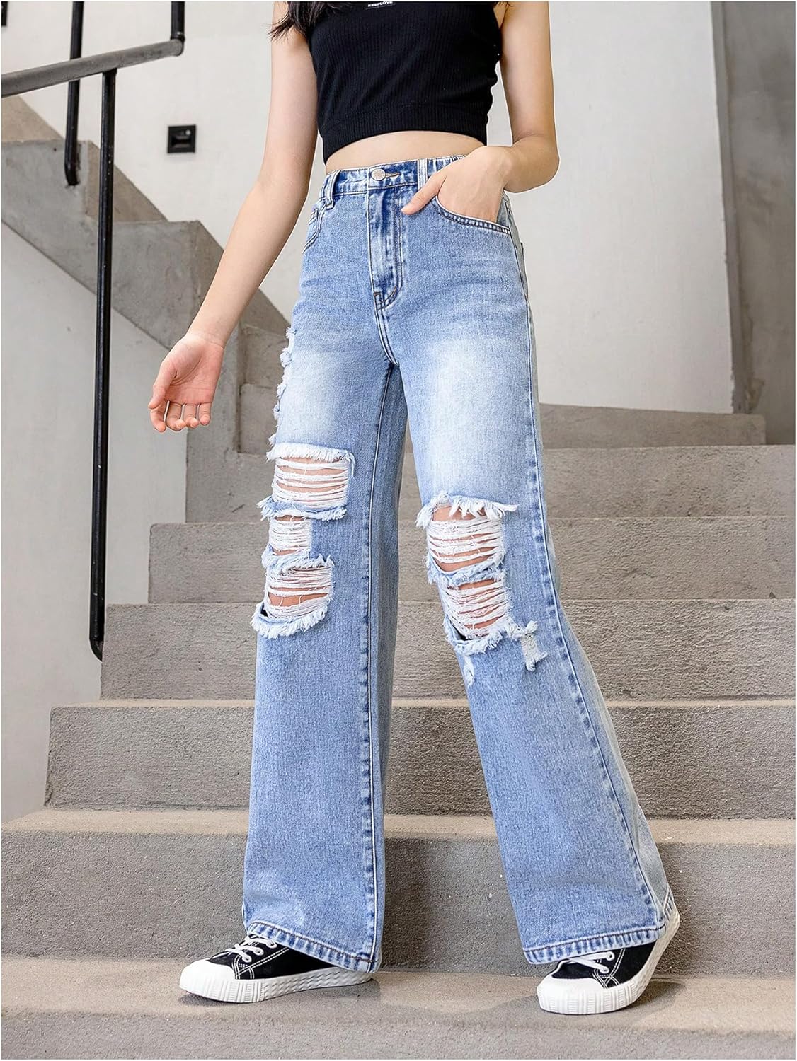 Floerns Girl's Elastic High Waisted Ripped Baggy Jeans Wide Leg Distressed Denim Pants - Image 4