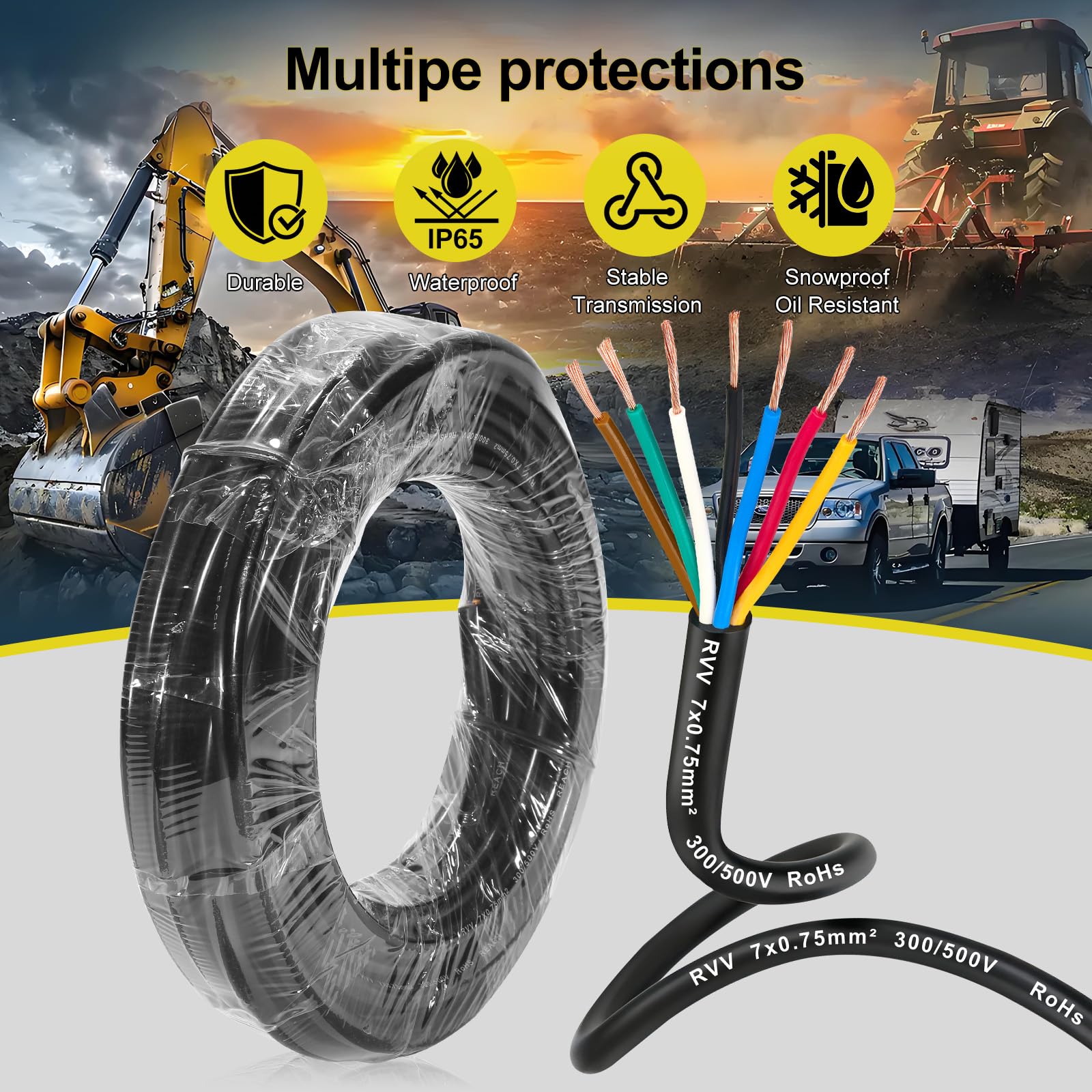 D-TECH 7 Poliges Anhängerkabel Fahrzeugleitung 10M, KFZ Kabel 7 Adriges Anhängerkabel Elektrokabel, 5V-80V 7 poliges Kabel für Anhänger LED Rücklichter Verkabelung Kable 7x0,75mm²