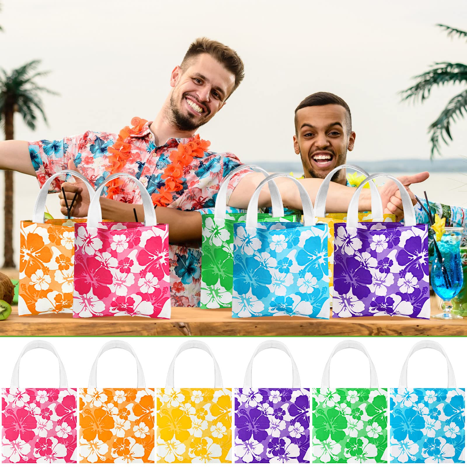 Teling 24 Pcs Hawaiian Party Favor Bags Hibiscus Tropical Tiki Luau Goodie Gift Bags with Handle for Kids Non Woven Summer Birthday Party Supplies