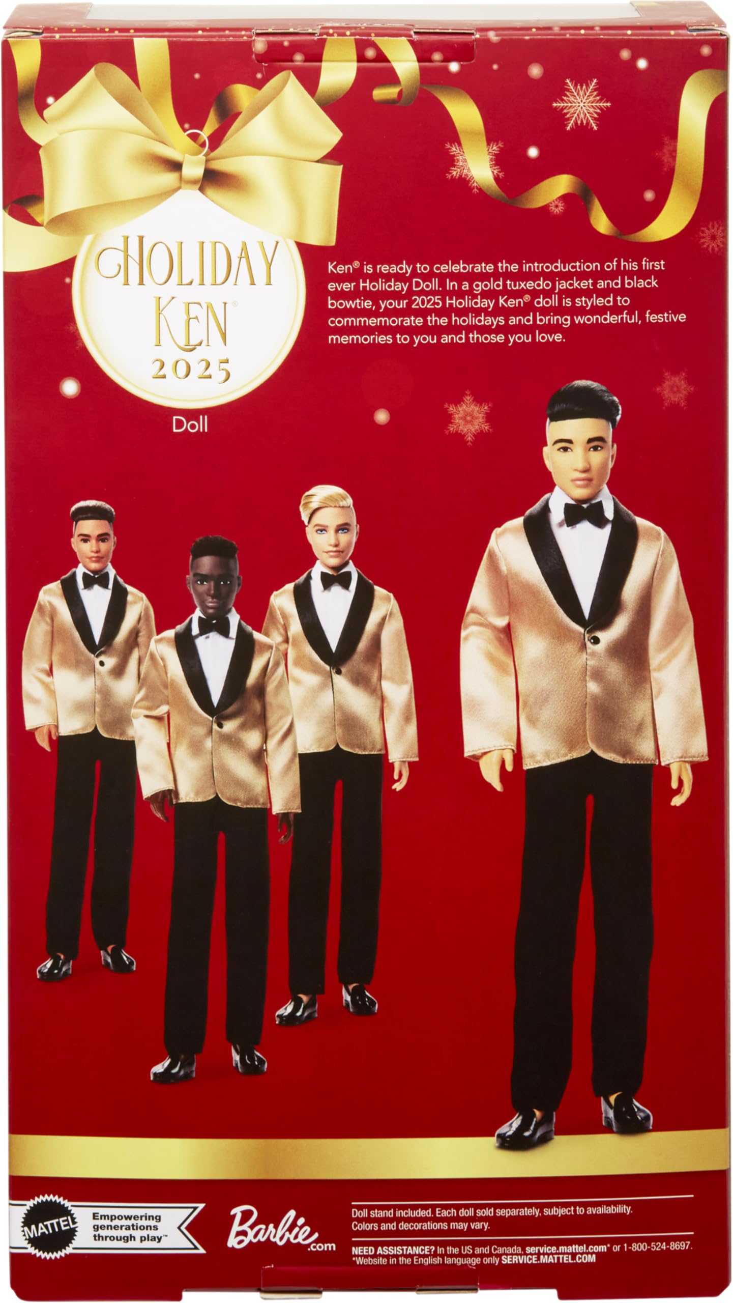 Barbie Signature 2025 Holiday Black Hair Ken Bambola da collezione alla moda che indossa abito completo con giacca dorata in confezione visualizzabile e supporto per bambole