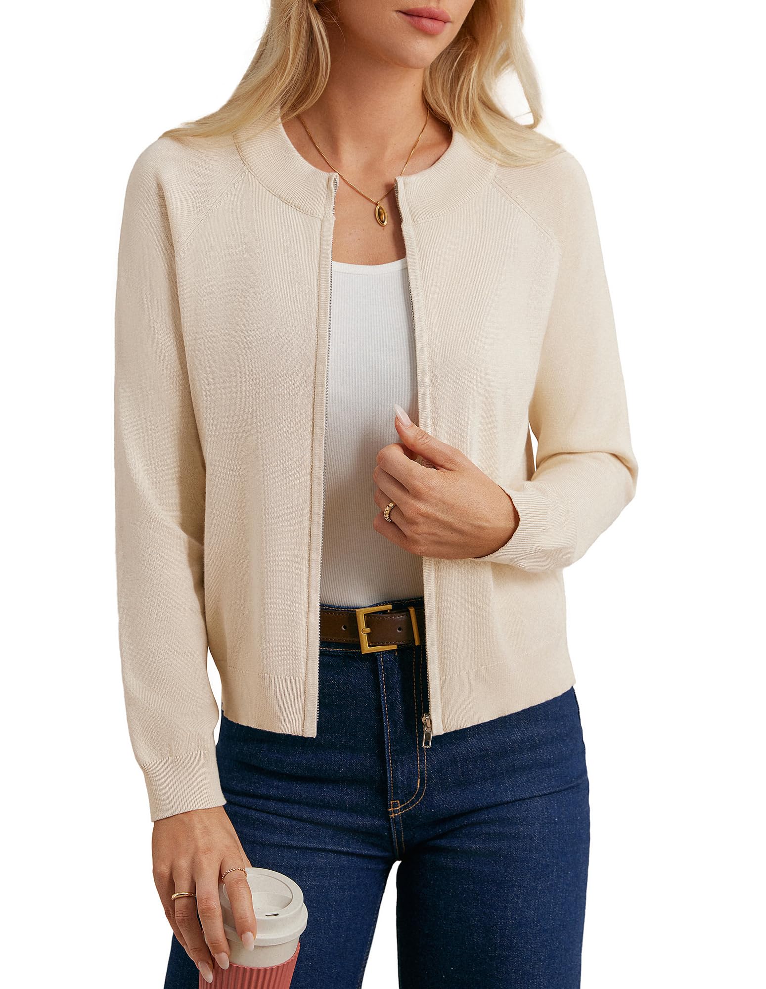 GRACE KARIN Damen Reißverschluss Strickjacke Langarm Basic Cardigan Gestrickte Jacke mit Taschen