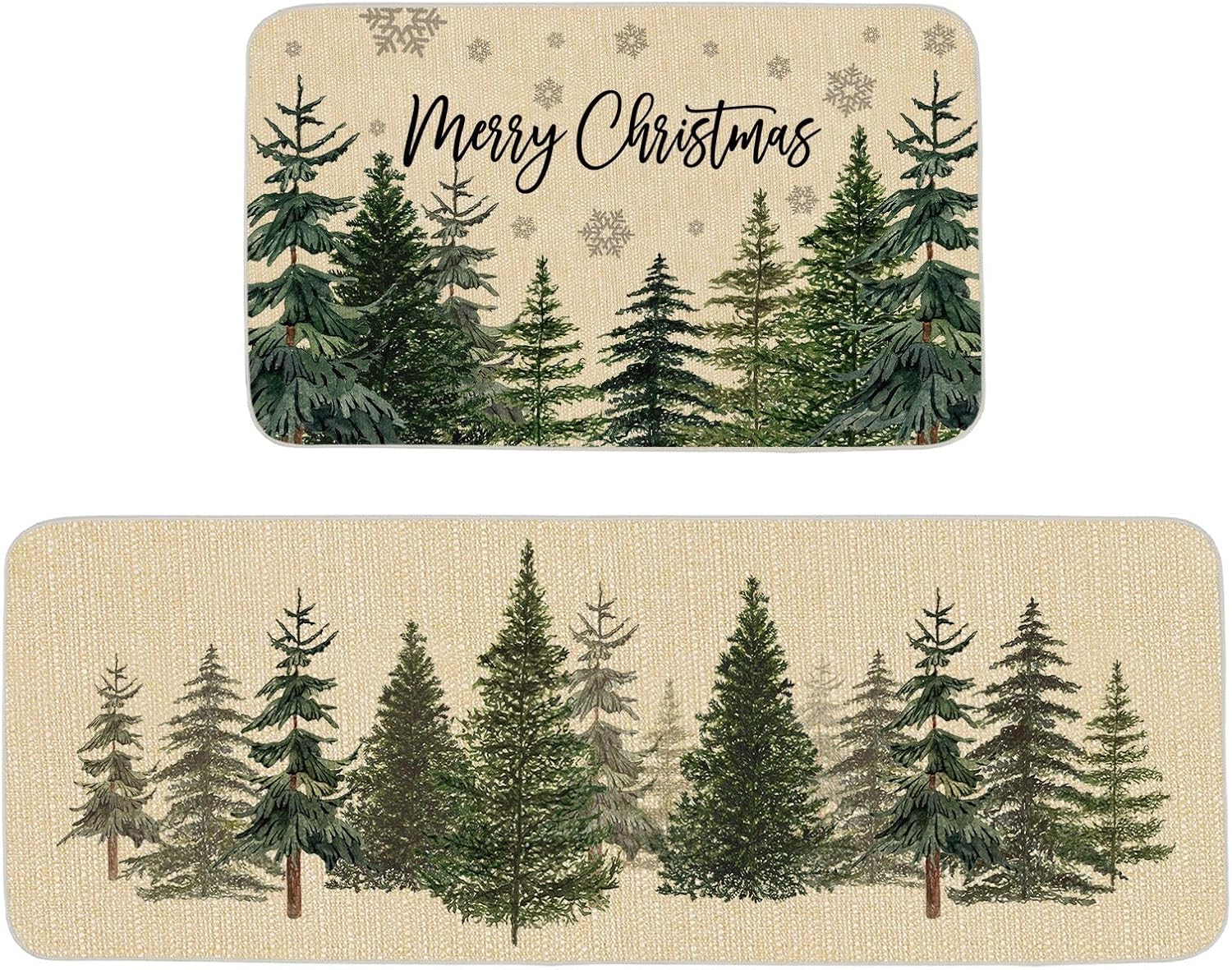 ONWAY Christmas Pine Tree Kitchen Mats Set of 2 Decorative Kitchen Rugs with Snowflake Design Non-Slip Holiday Floor Decor for Winter Home 17x29 and 17x47 Inch
