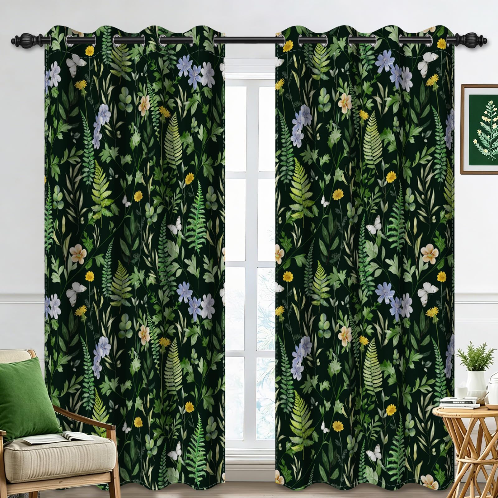 GICDSU Dark Green Watercolor Botanical Blackout Curtains 2 Panels, 52x84 Inch Vintage Wildflower Fern Grommet Curtains, Thermal Insulated Light Blocking Window Drapes for Bedroom Living Room Sunroom