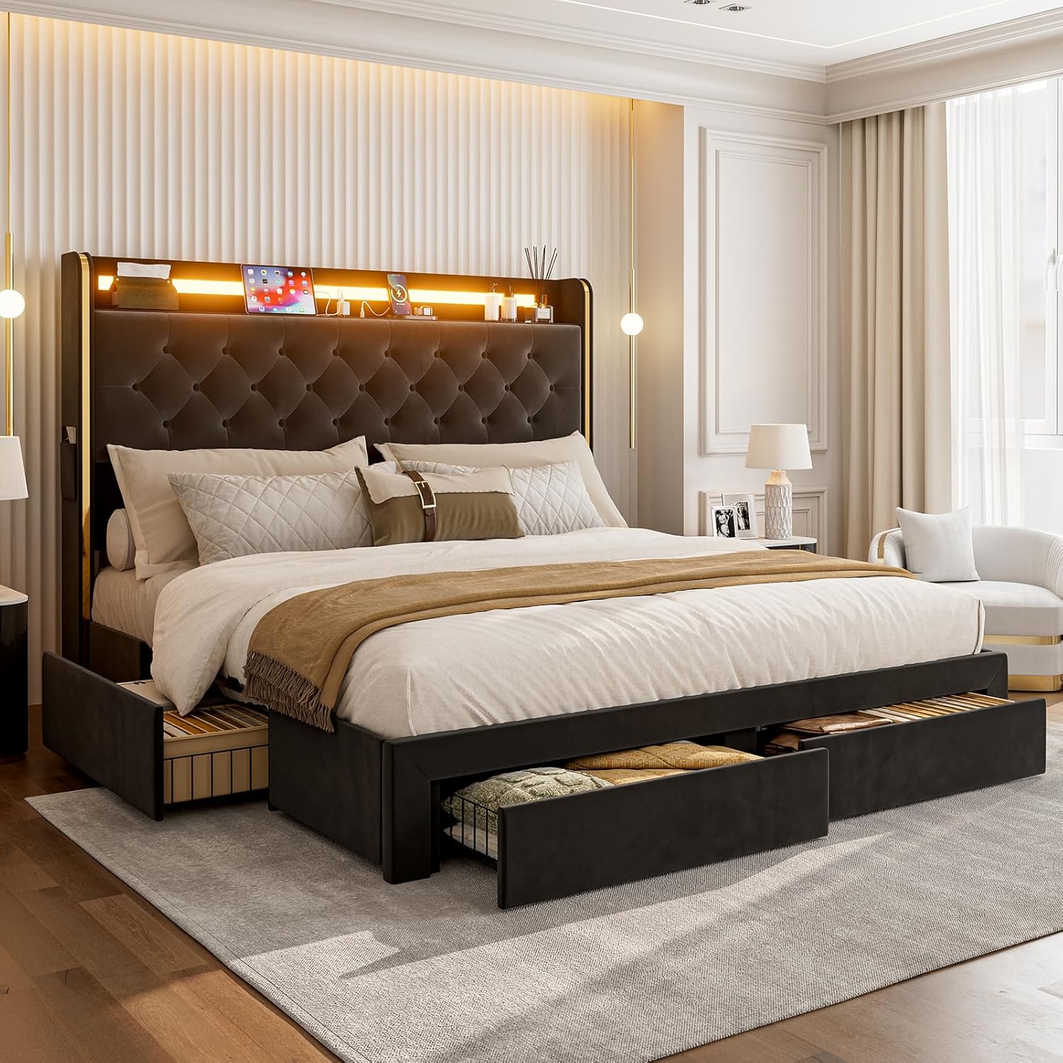 IKIFLY 49.2" Tall King Size Bed Frame with 4 Storage Drawers, Velvet Upholstered Platform Bed with Wingback Storage Headboard, LED Lights & Charging Station, No Box Spring Needed, Noise Free, Black