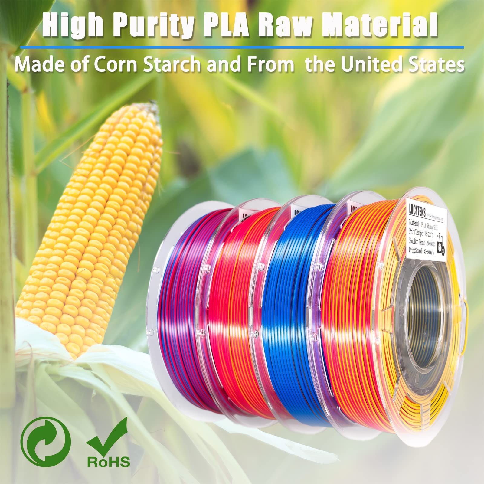 Filamento de impresora 3D PLA, filamento PLA 3 en 1 arcoíris de 1,75 mm +/-0,02 mm, filamento de triple color PLA de seda, paquete de filamento 3D de coextrusión, 200 g x 4 carretes