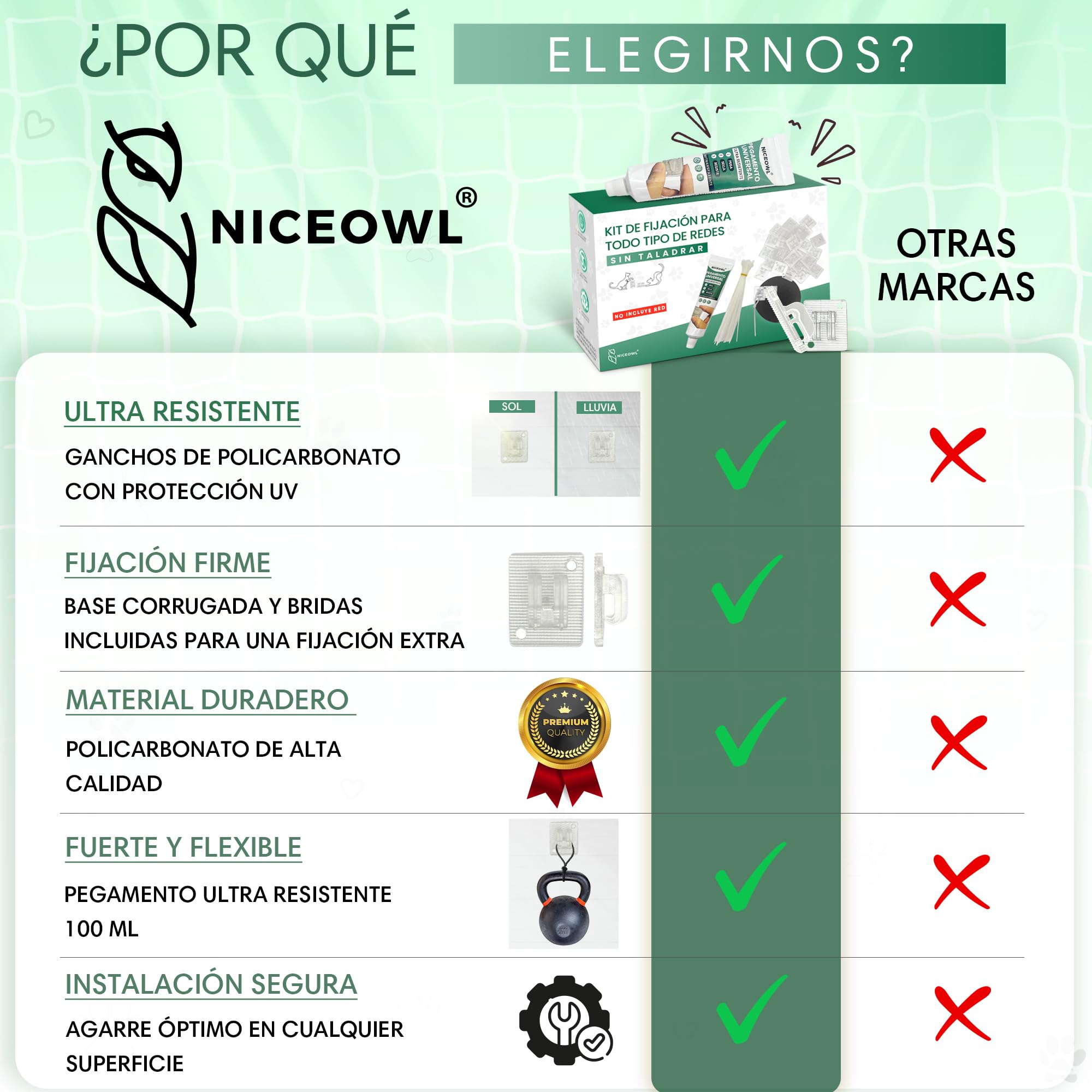 Kit de Fijación Red Sin Taladros | Juguete Gratis | Pack 70 Ganchos Adhesivos + 100ml Pegamento Universal +35 Bridas + Lija | Red para Gatos Terraza | Clips Anti UV | Red Gatos Terraza