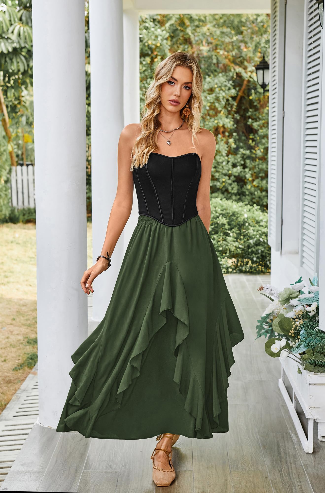 SCARLET DARKNESS Damen Mittelalter Rock Lang Elastische Taille mit Taschen Chiffon Rüschensaum Piraten Rock