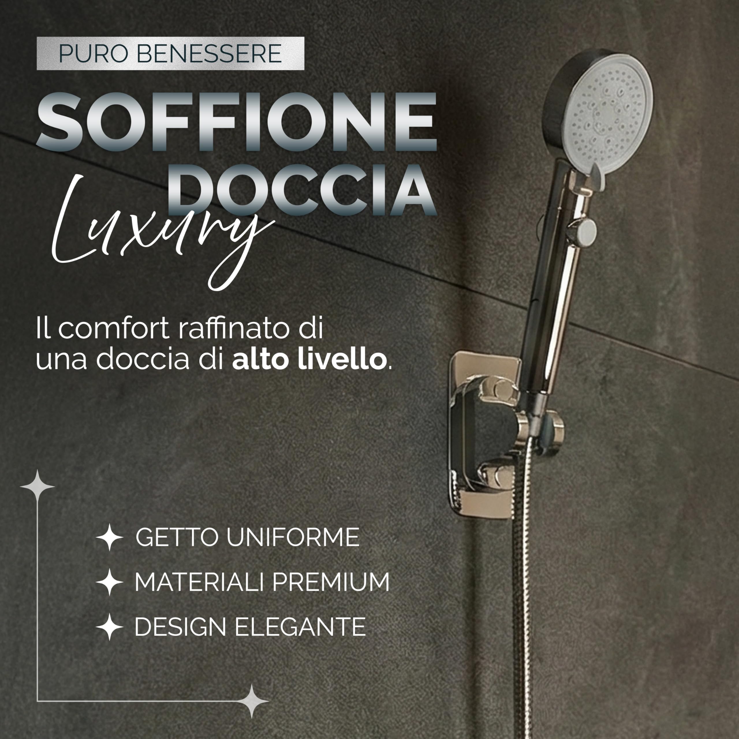 Soffione Doccia Alta Pressione Anticalcare con Tubo 200 cm e Supporto Universale
