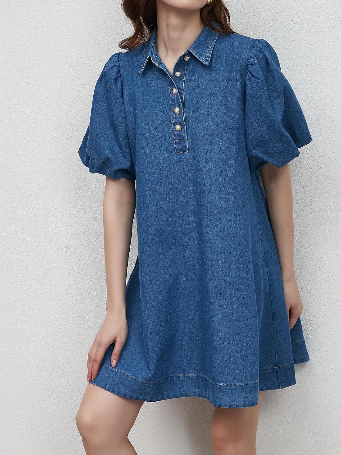 LifeShe Babydoll Denim Dress for Women Puff Sleeve Flowy Mini Jeans Dresses Button Down Jean Romper - Image 5