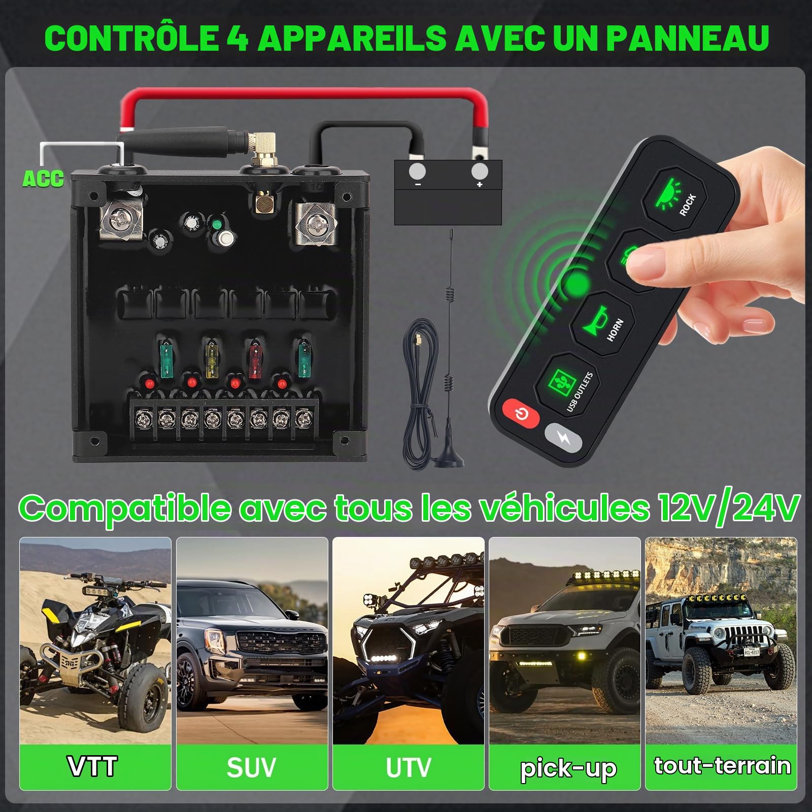 Chelhead Panneau de commande sans fil à 4 interrupteurs une rangée avec interrupteurs à bascule et stroboscope système de relais de contrôle de circuit universel 12 V-24V fixation magnétique
