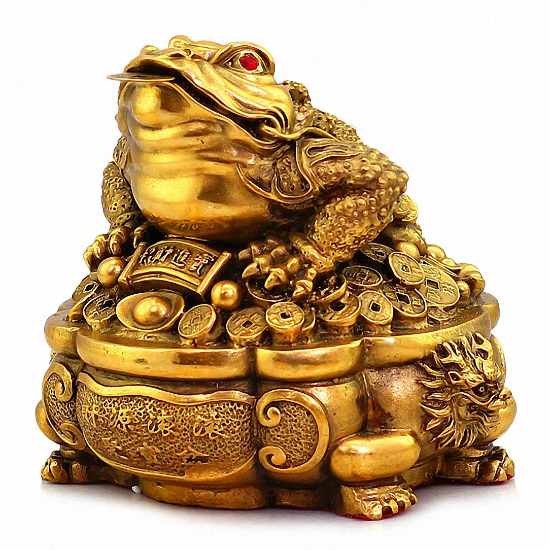 BOYULLLarge Size Brass Thriving Business Feng Shui Money Frog(Three Legged Wealth Frog or Money Toad) with Treasure Basin Statue, Attract Wealth and Good Luck,Feng Shui Décor