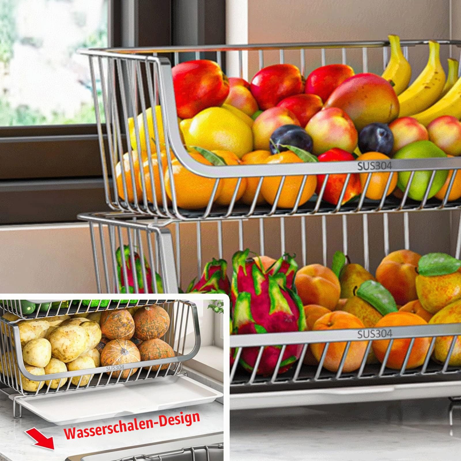 HJXGQJM Edelstahl-Obst- Und Gemüseregal Auf Der Arbeitsplatte, 2-Stufiger Stapelbarer Obstkorb Gemüse Aufbewahrung, Obstkorb, Aufbewahrung, Gemüseregal Obst- und Gemüseregal(41x24x49.5cm)