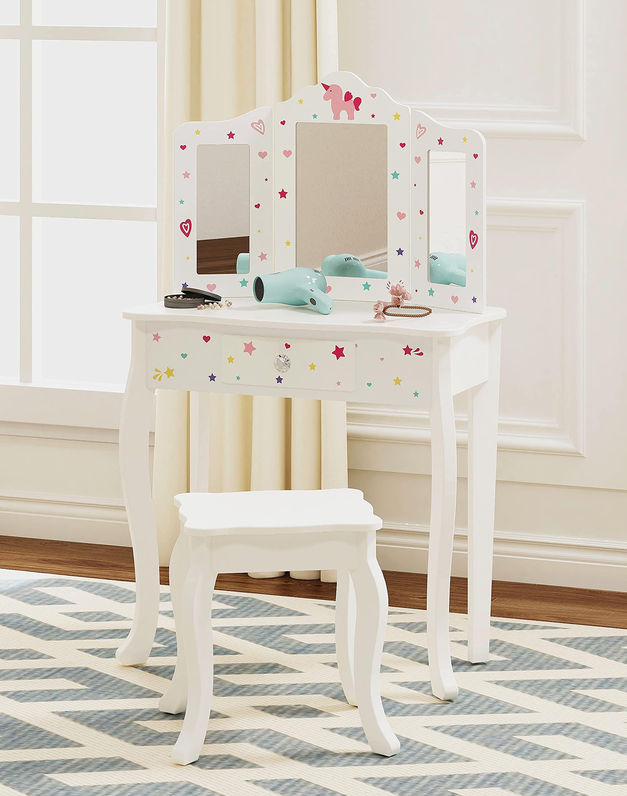 UTEXPretend Play Kids Vanity Table and Chair Vanity Set with Mirror Makeup Dressing Table with Drawer，Play Vanity Set,White