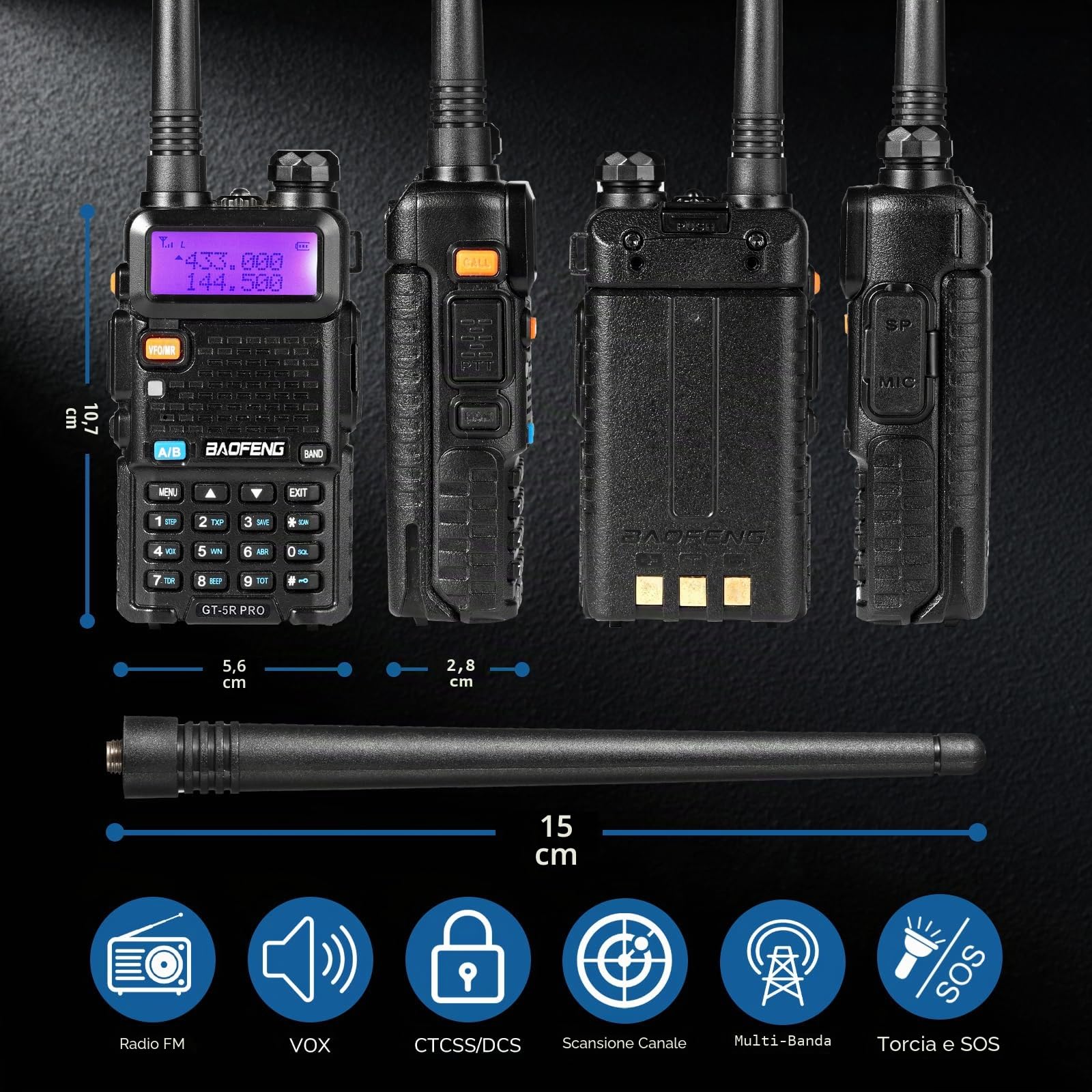 BAOFENG GT-5R Pro Walkie Talkie, radio dual band UHF VHF 144-146/430-440MHz, ampia portata, 128 canali, batteria 1800 mAh, cuffie per adulti, supportato da Chirp