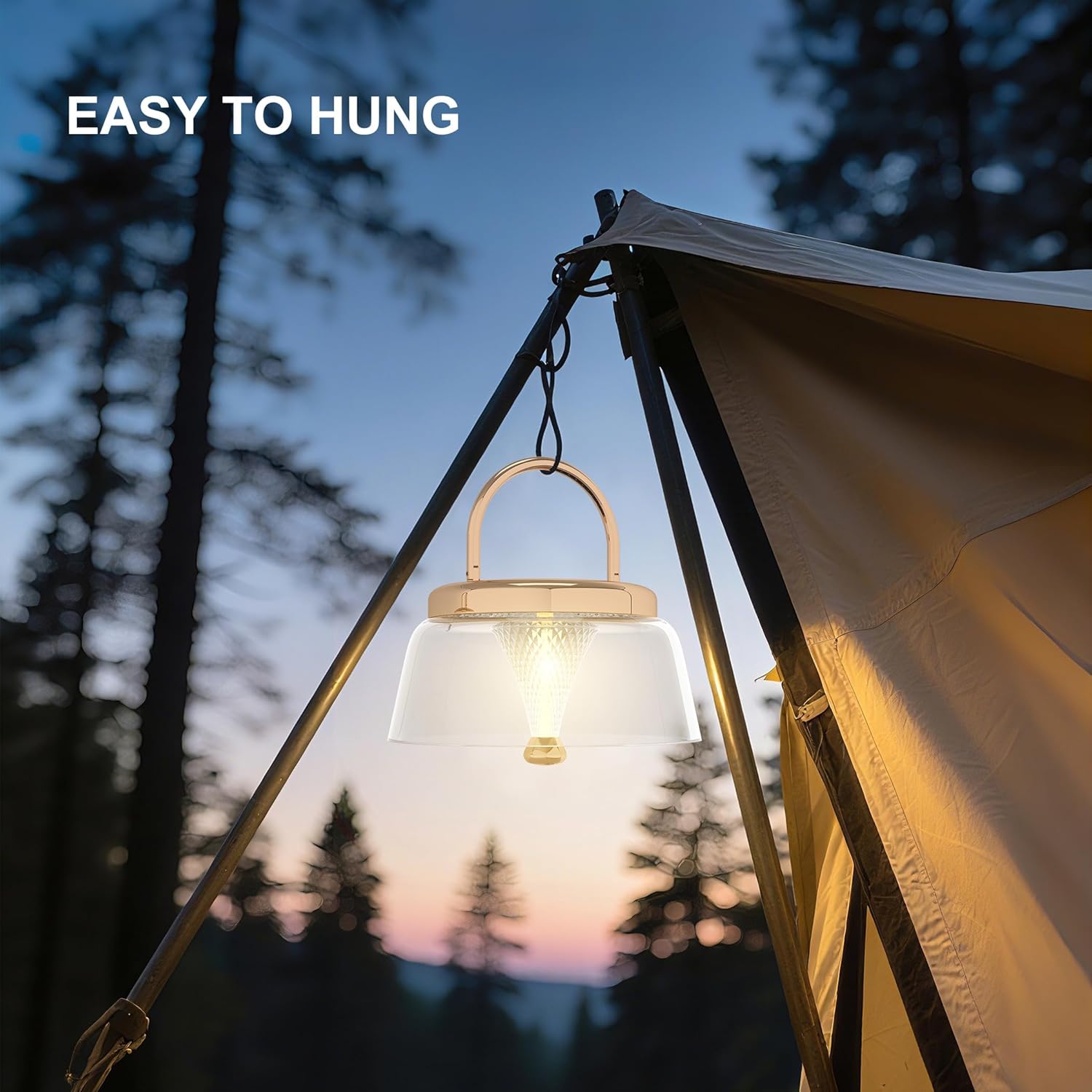 Solar Camping Lantern, 360°COB LED Camping Light Rechargeable with Solar&Type-C, IP65 Waterproof Tent Lights with Hook&Tripod Base, Bright Outdoor Hanging Lamp for Fishing, Power Outage(Gold)