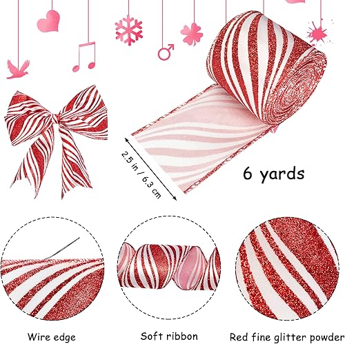 Miniatura 2 de 2 rollos de cintas navideñas con borde con alambre de 2.5 pulgadas de ancho, rayas rojas y blancas para envolver regalos, lazos de corona,