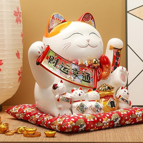 Miniatura 4 de Estatua de la suerte, figuras de gato chino, brazo agitador de gato chino, Maneki Neko, cerámica, dinero japonés, fortuna, gato, decoraciones de