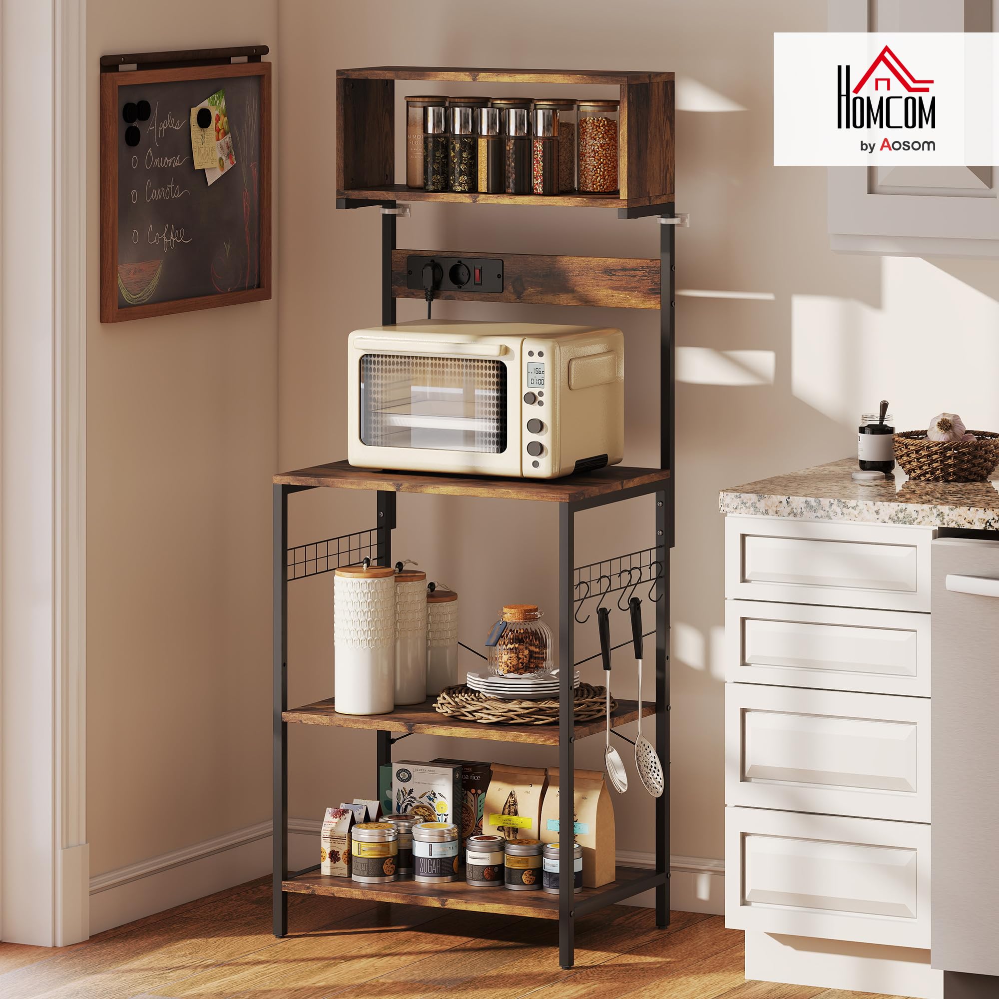HOMCOM Étagère de Cuisine, étagère sur Pied avec 5 Crochets en S, 5 étagères, Prise de Courant, Bar à café avec entretoises en X, étagère de Boulangerie en Acier pour Cuisine, Salle à Manger, Marron