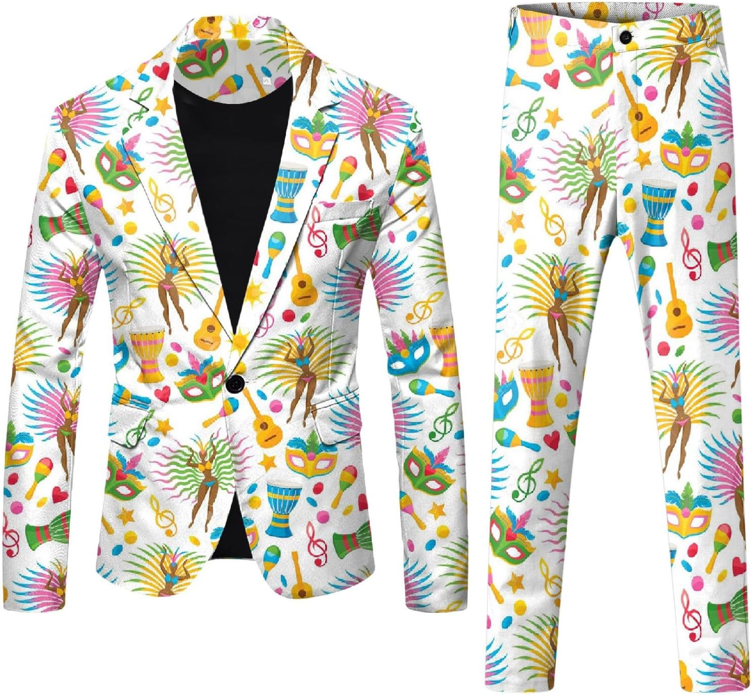 Mens 2 Piece Mardi Gras Casual Sweatsuits One Buttton Notched Lapel Party Floral Suit Jacket Dress Pants Suits Set