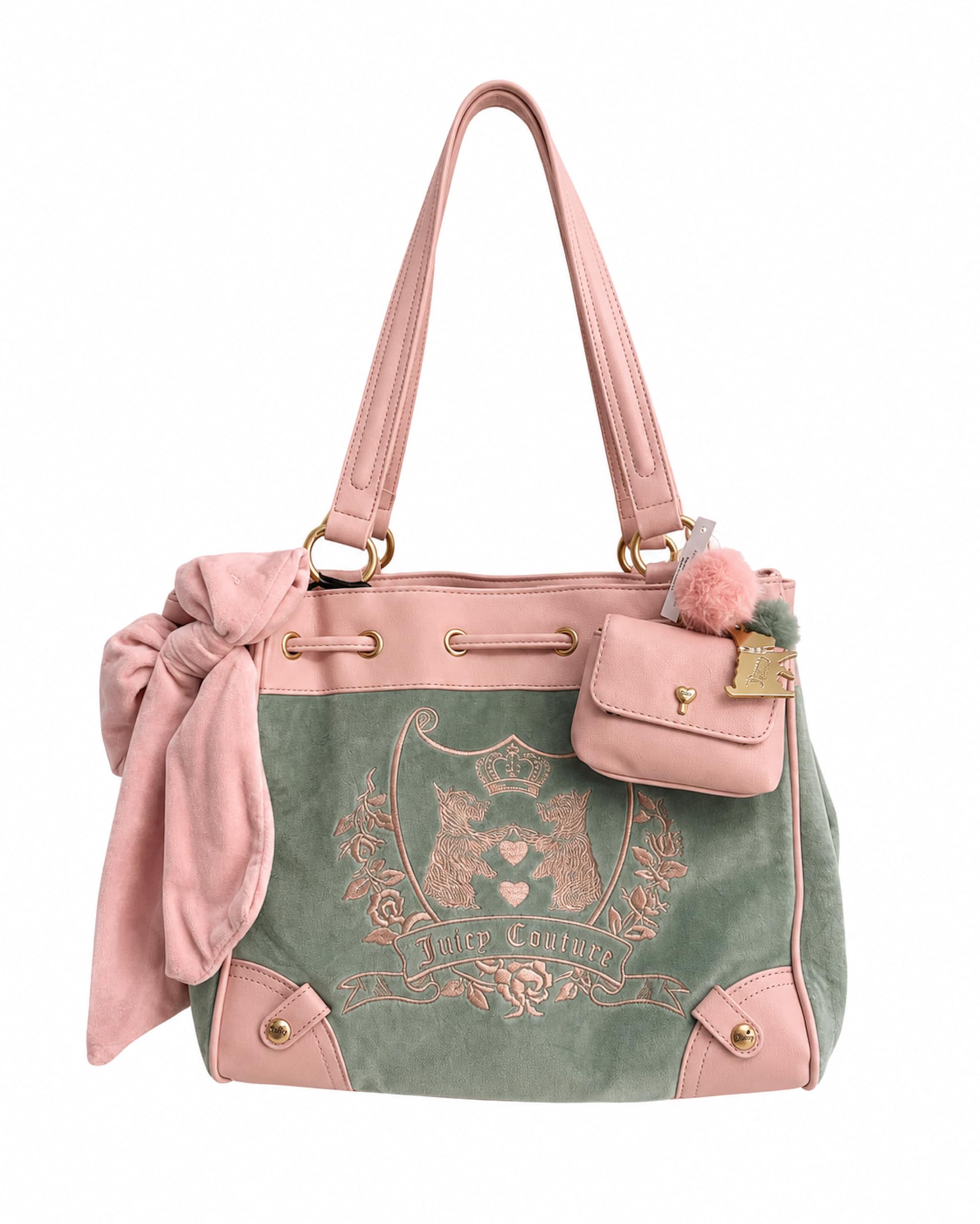 Juicy Couture New Love Chapter Tote Bag, Velour Embroidered Scottie Dogs, Bow Accent, Coin Pouch & Pom Charms, 12 x 11 Inches