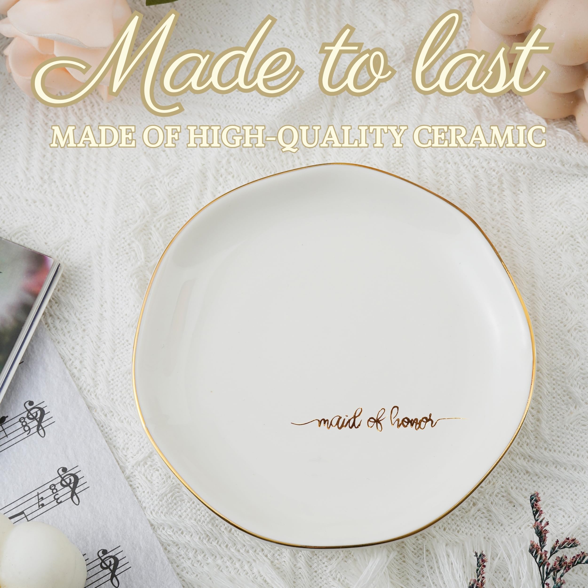 InnoBeta Bridesmaid Gifts for Women, Maid of Honor Gifts for Women Ceramic Jewelry Tray, Decorative Trinket Dish for Rings Earrings Necklaces for Women, 4.75", White Surface Gold