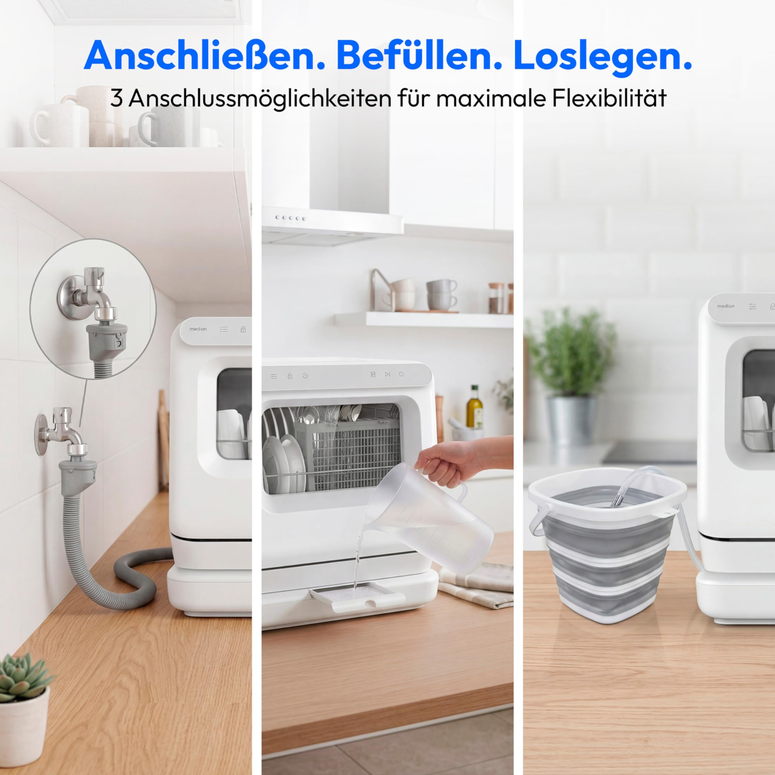MEDION Mini Geschirrspüler DWT30 3 Maßgedecke 3in1 Tischgeschirrspüler 6 Programme UV-Licht freistehend