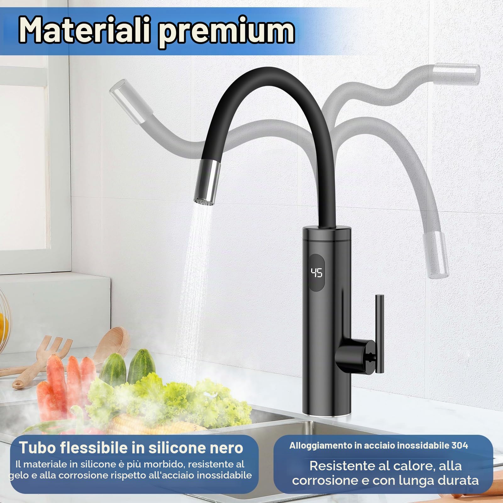 Rubinetto per Acqua Calda Istantanea, 3300W Acciaio Inox Elettrico con Scaldabagno Integrato, con 40cm Tubo di Alimentazione, 360° Tubo Flessibile Girevole, Controllo Della Temperatura a LED, Nero